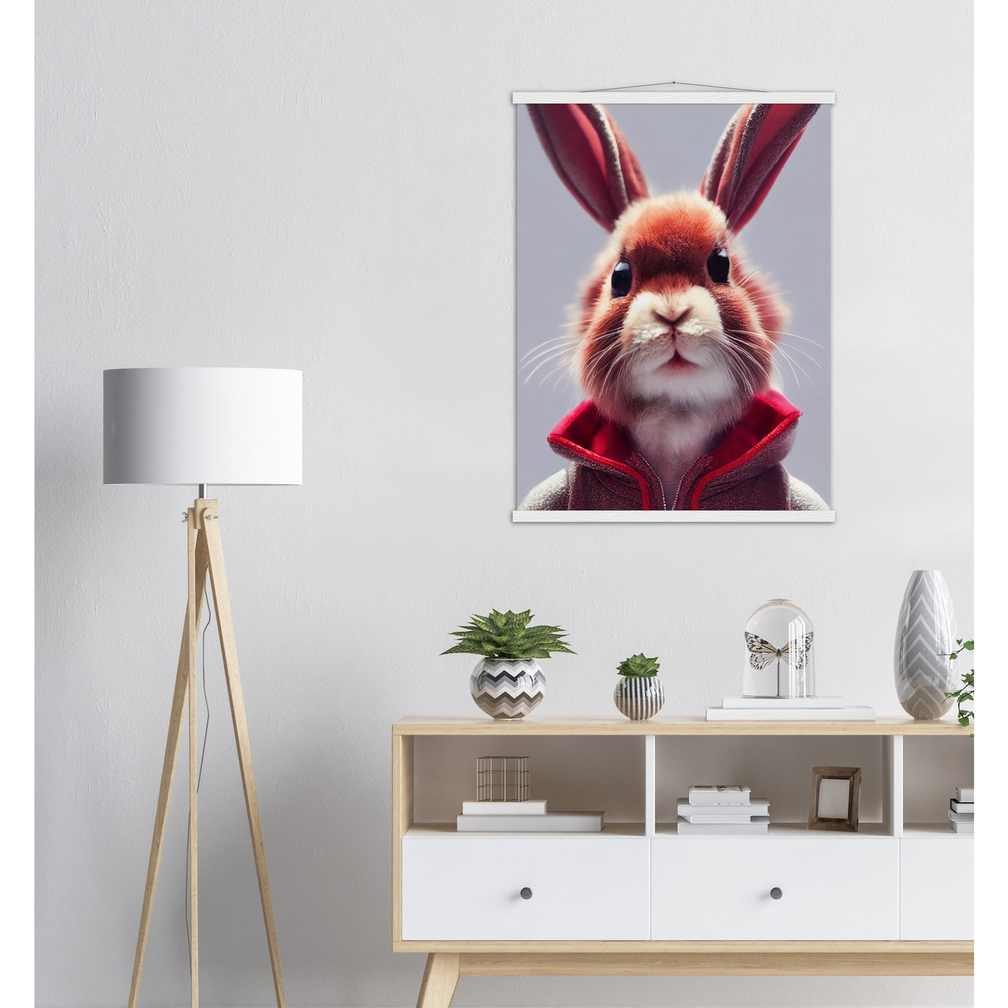 Poster mit Leisten (Holz)- Museumsqualität - Bunny in grey red tracksuit - "Julius" - personalized mug - customized mug - Cute rabbit - Marke:- Pixelboys - Brand - Art Prints - Marke - Wandkunst - Papierstärke: 250g/qm - Wall Art - Bunny crew - Skater Betty - Hasen Gang - Original - Künstler:Pixelboys - Poster with frame - Office Poster - Acrylkunst - Trend - Wandschmuck - Acrylbild - Atelier Canada - 