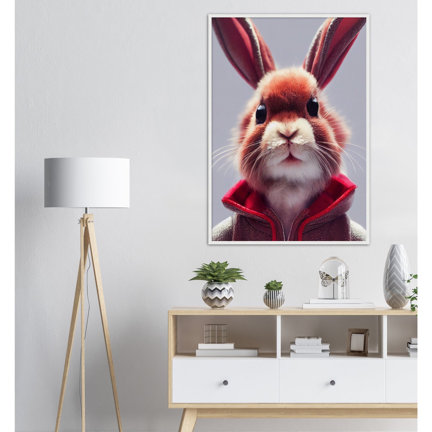 Poster mit Rahmen (Holz)- Museumsqualität - Bunny in grey red tracksuit - "Julius" - personalized mug - customized mug - Cute rabbit - Marke:- Pixelboys - Brand - Art Prints - Marke - Wandkunst - Papierstärke: 250g/qm - Wall Art - Bunny crey - Skater Betty - Hasen Gang - Original - Künstler:Pixelboys - Poster with frame - Office Poster - Trend - Wandschmuck - Atelier USA - 