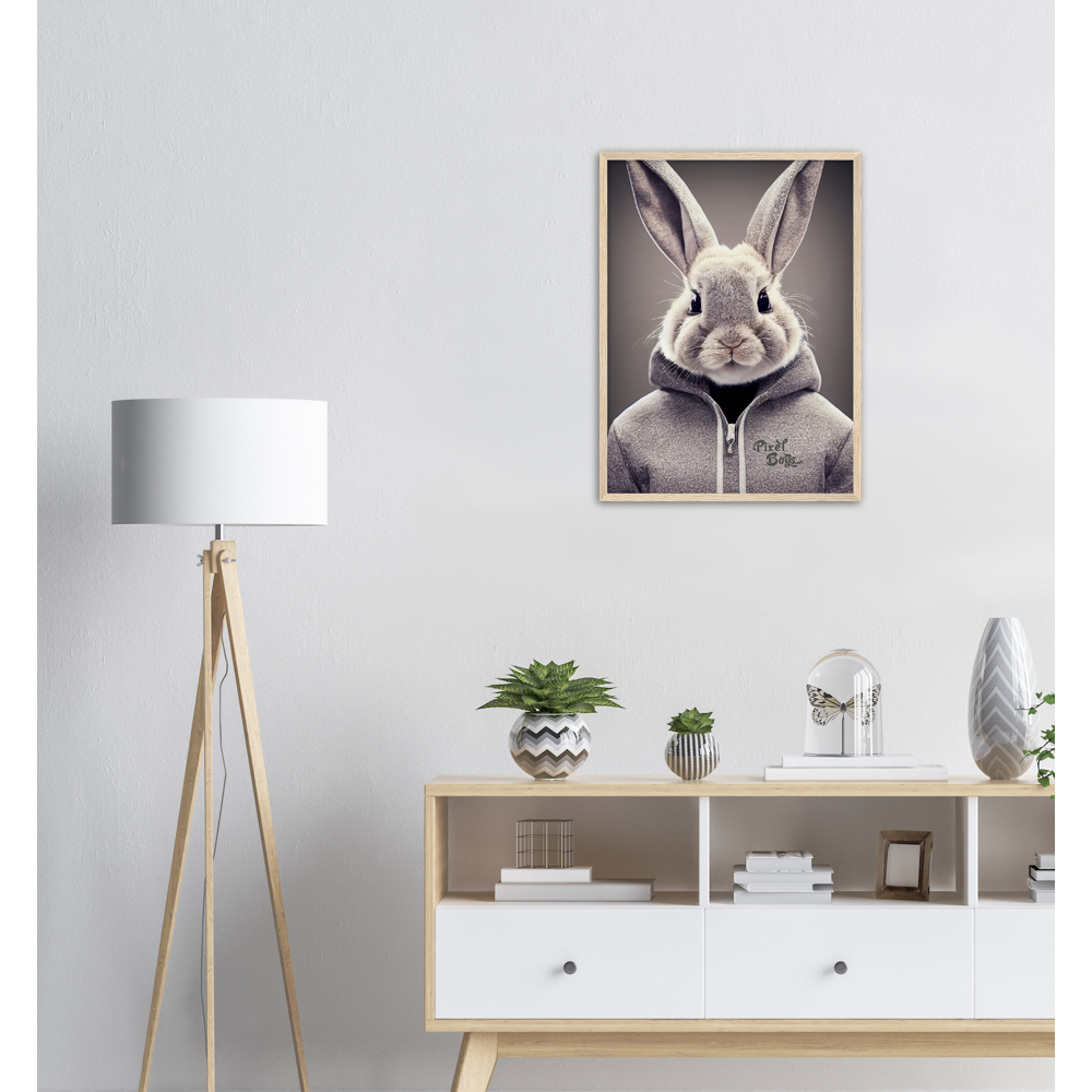 Poster mit Rahmen (Holz) - Bunny in grey Hoodie - "Constantin" - Fashion Gang - Wandbild - Ostern - Geschenkidee - Osterhase - Bunny Crew: "Constantin" - "Caesar" - "Titus" - "Cleo" - Weisser Hase - Easter Bunny - Cute - grey Hoodie - sweats - Alice's Adventures in Wonderland - Modemarke - Pixelboys Brand - Constantin der Hase - Hase - Kaninchen  - Künstler: "Pixelboys" - Atelier - Germany - Berlin - Hamburg - Colgne - France - Paris - Italy - Rom - USA - America - New York City - Los Angeles - Chicago - 