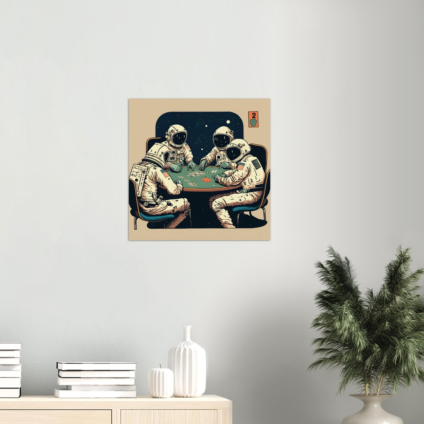 Poster in Museumsqualität - Gambling Astronauts - Illustration - Astronaut - Poker - Rocketman - Posterleisten - USA - Fineart - Posterrahmen  - Wandkunst - Holzrahmen - Poster with frame - artwork - art brand - printed cup personalized - Holzleisten - pixelboys - Kunstdrucke - wandbilder - wall art - Kunst auf Tassen  - Office Poster - Gastrotassen - Wanddekoration - Acrylkunst - Geschenkidee - Office Poster - Acryldruck - Abstrakte Kunst -