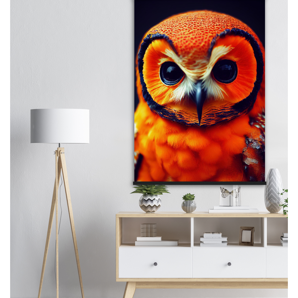 Poster mit Leisten (Holz) - Fruit Owl No. 1 - "Orangina", the orange owl - Serie Fruit Owls - Schleiereulen - lat. Tytonidae - Fruchteulen - Vogel - Bird - Strigiformes - Noctua - Ornithologie - Kunstwerk - Acryldruck - Poster mit Rahmen - Poster mit Leisten - Bedruckte Tassen - Kunst Marke - Art Brand - Pixelboys - Kunstdruck - Acrylbild - Wandbild - Kunstdrucke - Papier: 250g/qm - Künstler: John Grayst & Pixelboys - Eulen - Owl-  - Atelier - England - London - Birmingham - Manchester - Leeds - Liverpool  