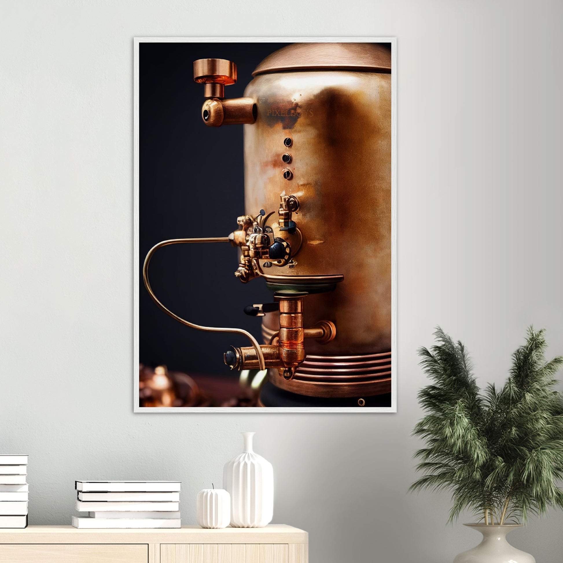  Poster mit Rahmen (Holz) - Steampunk - Coffee Maker - No.5 - Collection Cup - Pixelboys - Wandbild - Kunstwerk - Hotelkunst - Kunst auf Postern - Fine Art - Steampunk - Future - Maschine - Poster with frame - Office Poster - Art Brand - Pixelboys - Coffee House - Restaurant Poster - Wall Art - Kunstdruck - Geschenkidee - Kunst auf Acrylglas - Future Coffee Cup - Personalisierbare Tasse - Gastro Tasse - exklusiv - Acryldruck - Gastronomie Poster - Hotelposter - Steam Punk Kitchen -   