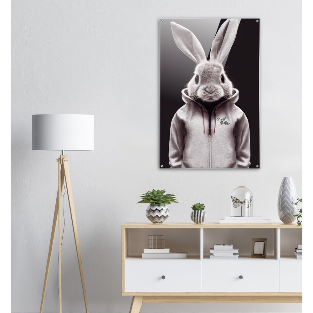 Acrylbild - Bunny in grey tracksuit - Fashion Gang - Acryldruck - Ostern - Geschenkidee - Osterhase - Bunny Crew: "Valerian" - "Caesar" - "Constantin" - "Cleo"-Titus - Weisser Hase - Easter Bunny - Cute - grey tracksuit - sweats - Alice's Adventures in Wonderland - Modemarke - Pixelboys Brand - Valerian der Hase - Kaninchen  - Künstler: "Pixelboys" - Atelier - Germany - Berlin - Hamburg - Colgne - France - Paris - Italy - Rom - USA - America - New York City - Los Angeles - Chicago - 