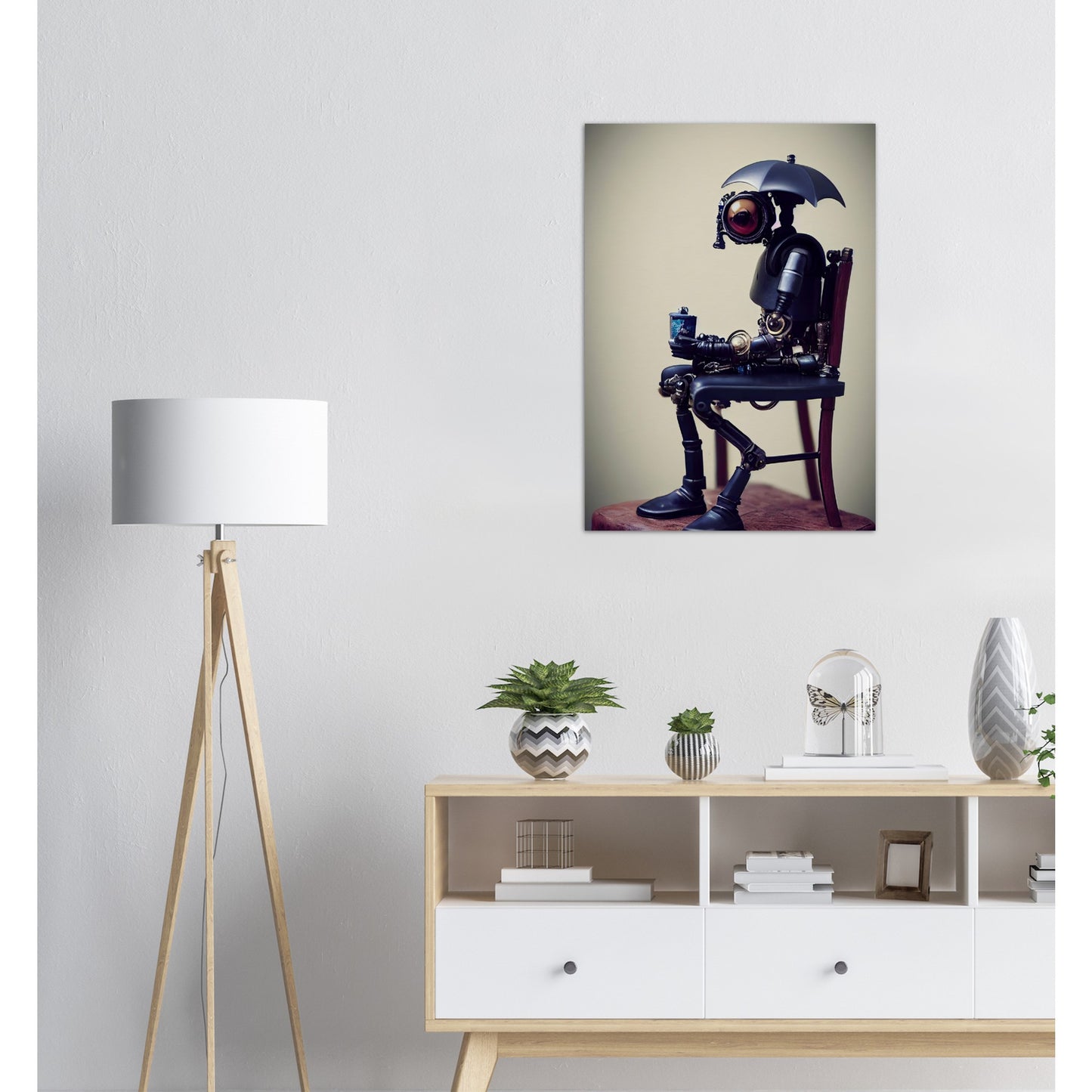 Poster in Museumsqualität - Tiny robot with an umbrella "Louis" - Regenschirm - Acryldruck - Wandkunst - Customizable Coffee Cup - Personalized Gifts - Kunstdruck - Kleine Roboter - Acryldruck - Little Robots - Personalized Gifts - Tiny  - Steampunk - zukunft - Poster with frame - Kunstwerk - Office Poster - Poster mit Rahmen - Kaffee Tasse - Poster - Bedruckte Tassen - Kunst Marke - Art Brand - Kunstdrucke - Künstler: John Grayst & Pixelboys - emotional robots - Geschenkidee -