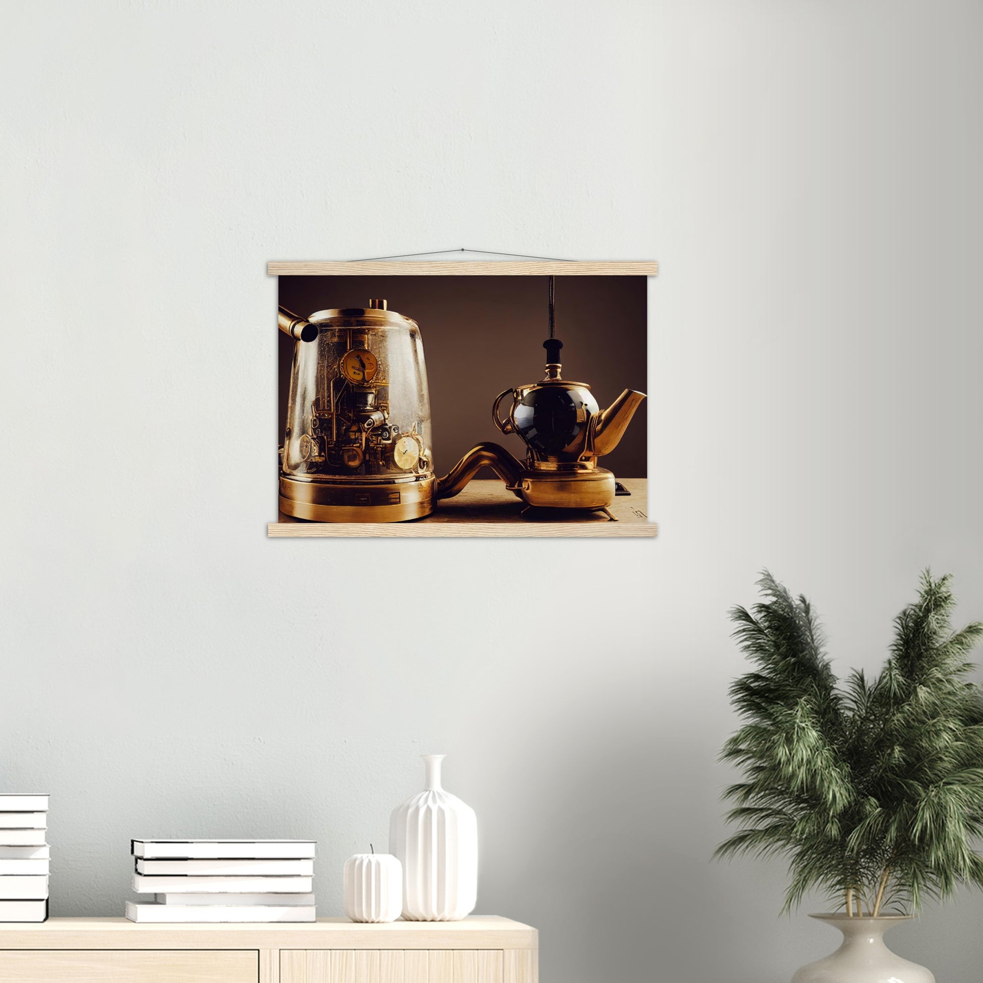 Poster mit Leisten (Holz) - in Museumsqualität - Steampunk - Coffee Maker - No.2 - Pixelboys - Wandbild - Kunstwerk - Hotelkunst - Kunst auf Postern - Fine Art - Steampunk - Future - Maschine - Poster with frame - Office Poster - Art Brand - Pixelboys - Coffee House - Restaurant Poster - Schöner Wohnen - Dekoration - Wall Art - Kunstdruck - Geschenkidee - Kunst auf Acrylglas - Future Coffee Cup - Personalisierbare Tasse - Gastro Poster -  Gewerbliche Poster - exklusiv - Gastronomie Poster - Hotelposter -