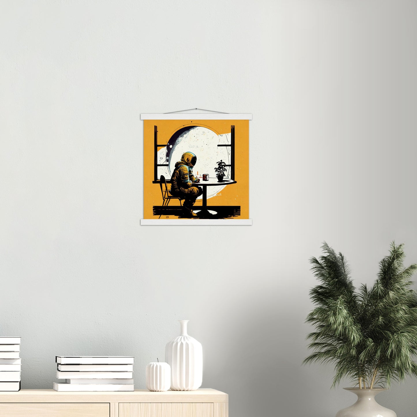 Poster mit Leisten (Holz) in Museumsqualität - The waiting Astronaut - Michael - Illustration - Astronaut - Waiting - Posterleisten - USA - Fineart - Posterrahmen  - Wandkunst - Holzrahmen - Poster with frame - people of color - artwork - art brand - printed cup personalized - Holzleisten - pixelboys - Kunstdrucke - wandbilder - wall art - Kunst auf Tassen  - Office Poster - Gastrotassen - Wanddekoration - Acrylkunst - Geschenkidee - Office Poster - Acryldruck - Abstrakte Kunst -