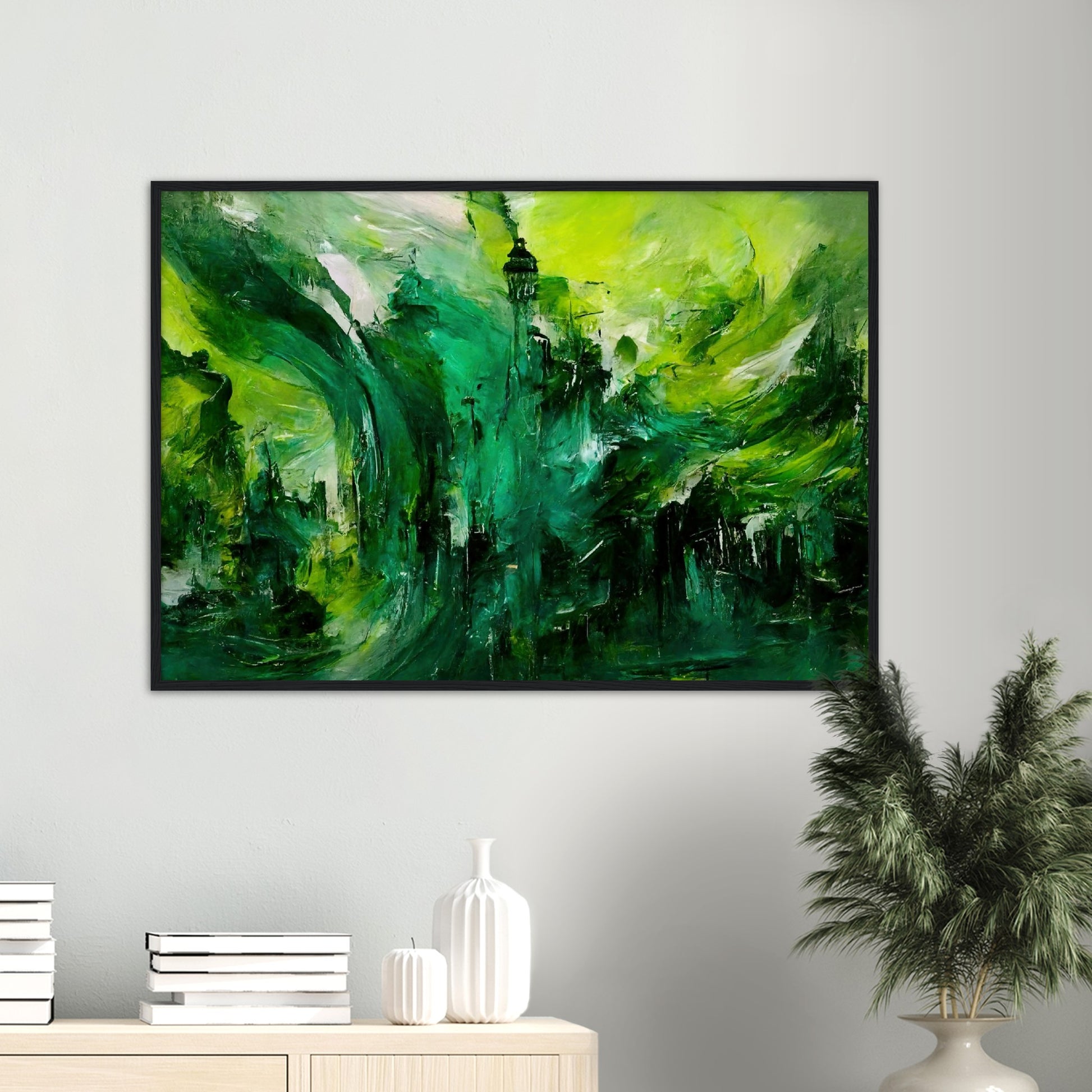 Poster mit Rahmen (Holz) - in Museumsqualität - Storm over London - „Revenge of Nature“ - Ölgemälde - Grüner Sturm - Abstract - London - Planet - Fineart - Green Sea - Wandkunst - Holzrahmen - Poster with frame - Abstract Green - artwork - art brand - printed cup personalized - Holzleisten - pixelboys - Kunstdrucke - wandbilder - wall art - Kunst auf Tassen  - Office Poster - Wanddekoration - Fineart  - Colorfull - Dynamic - Acrylkunst - Geschenkidee - Office Poster - Acryldruck - Abstrakte Kunst -