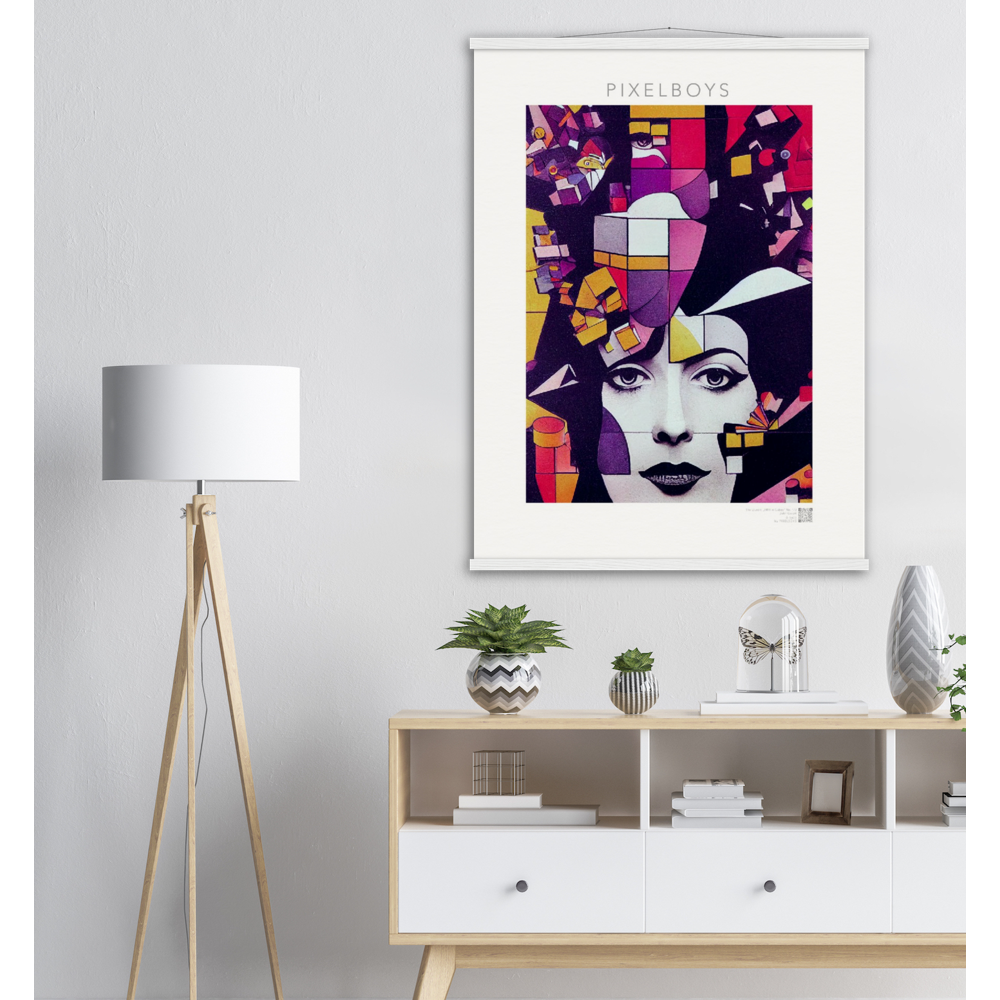 Poster mit Leisten (Holz) - The Queen No.1 - HRH in cubes - Kunstdruck - Queen Elisabeth II - Monarch - HRH - His/Her Royal Highness - Groß Britannien - Commonwealth - The Royal Family - Wandbild - Kubismus - synthetischen Kubismus - Georges Braque - Künstler: "John Grayst" - Atelier - UK - GB - London - 