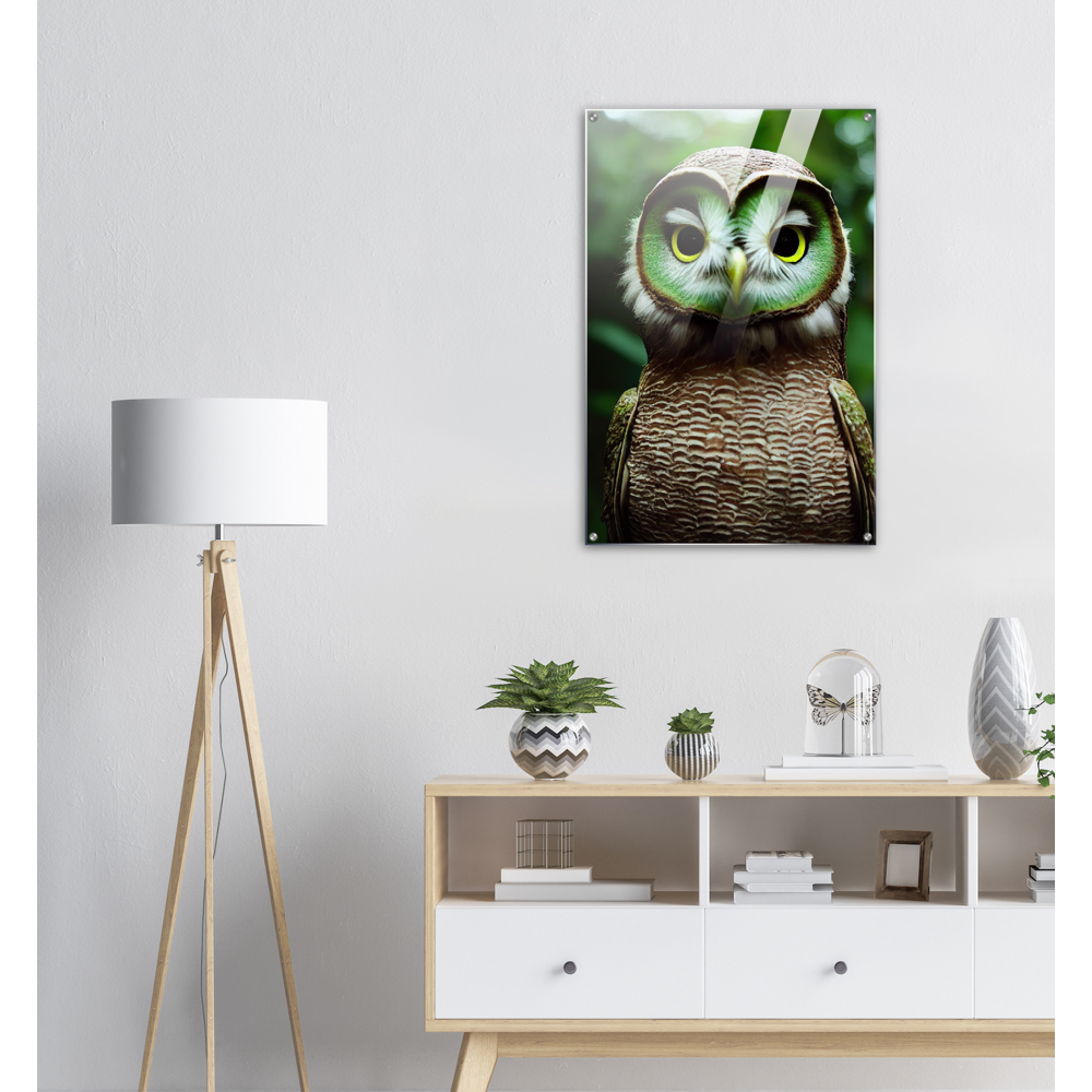 Acrylbild - Museumsqualität - Fruit Owl No. 4 - "Kiki", the Kiwi Owl - Wandkunst - Kunstdruck - (lat. tyto actinidia) - Kiwi Eule - Kiwi Owl - Fruchteulen - Vogel - Bird - Strigiformes - Noctua - Ornithologie - Kunstwerk  - Office Poster - Poster mit Rahmen - Kaffee Tasse - Poster mit Leisten - Bedruckte Tassen - Kunst Marke - Art Brand - Acryldruck - Wandbild - Kunstdrucke - Papier: 250g/qm - Künstler: John Grayst & Pixelboys - Eulen - Owl - Geschenkidee - 