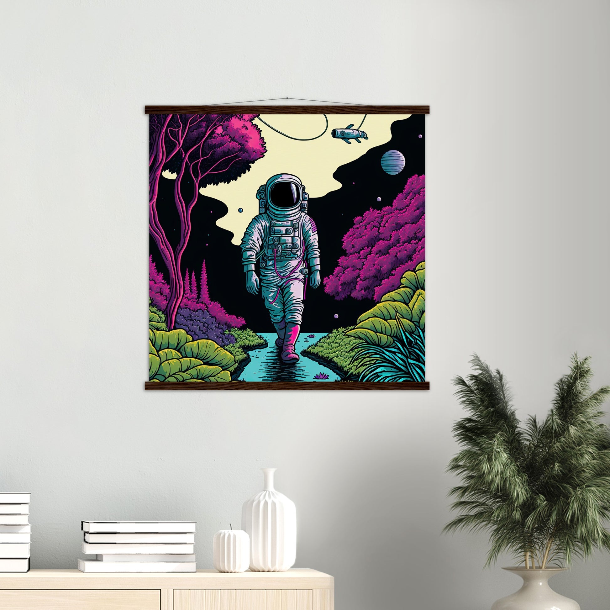 Poster mit Leisten (Holz) in Museumsqualität - Wandering Astronaut - Stephen - Illustration - Astronaut - Panorama - Rocketman - Posterleisten - USA - Fineart - Posterrahmen  - Wandkunst - Holzrahmen - Poster with frame - artwork - art brand - printed cup personalized - Holzleisten - pixelboys - Kunstdrucke - wandbilder - wall art - Kunst auf Tassen  - Office Poster - Gastrotassen - Wanddekoration - Acrylkunst - Geschenkidee - Office Poster - Acryldruck - Abstrakte Kunst -