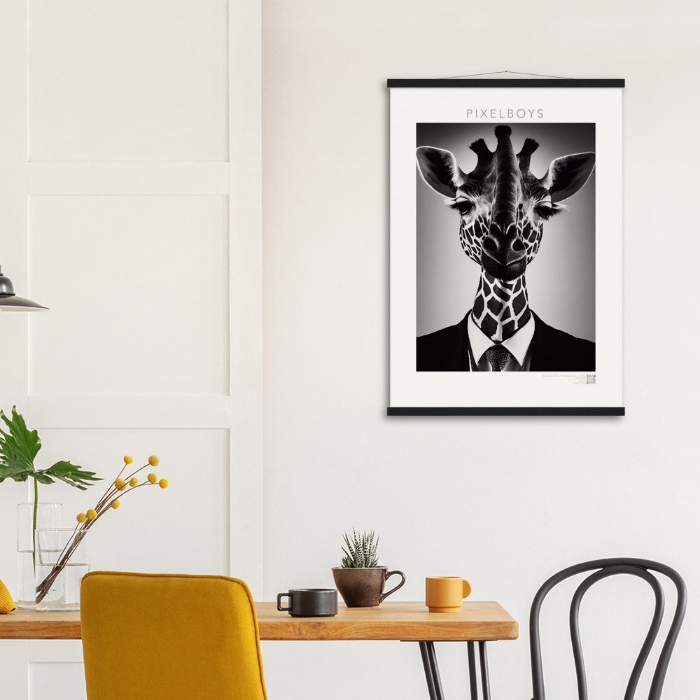 Poster mit Leisten (Holz) - "The giraffe knows" - Business Animals No. 2 "Bridget" - Künstler: "John Grayst" Kunstdruck - Wandbild - Poster - Pixelboys - Atelier - Milano - Berlin - Munich - Madrid - New York - Dubai - Paris - Tokio - Rom - Lisbon - Ottawa - Bern Switzerland - Amsterdam - Seoul - Vancouver - Antwerpen -