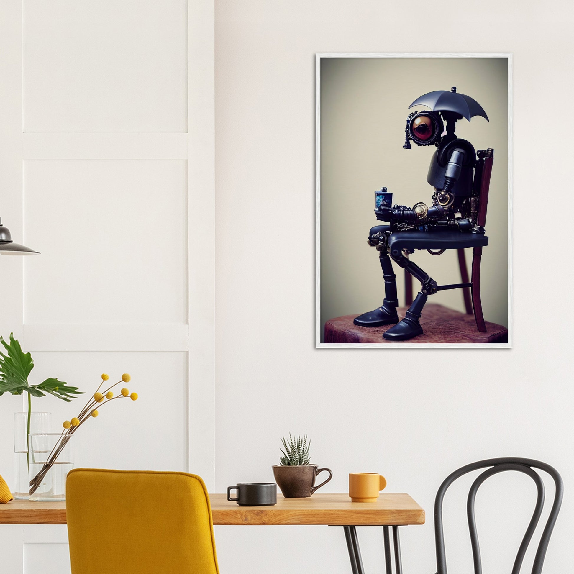 Poster mit Rahmen (Holz) in Museumsqualität - Tiny robot with an umbrella "Louis" - Regenschirm - Acryldruck - Wandkunst - Customizable Coffee Cup - Personalized Gifts - Kunstdruck - Kleine Roboter - Acryldruck - Little Robots - Personalized Gifts - Tiny  - Steampunk - zukunft - Poster with frame - Kunstwerk - Office Poster - Poster mit Rahmen - Kaffee Tasse - Poster - Bedruckte Tassen - Kunst Marke - Art Brand - Kunstdrucke - Künstler: John Grayst & Pixelboys - emotional robots - Geschenkidee -