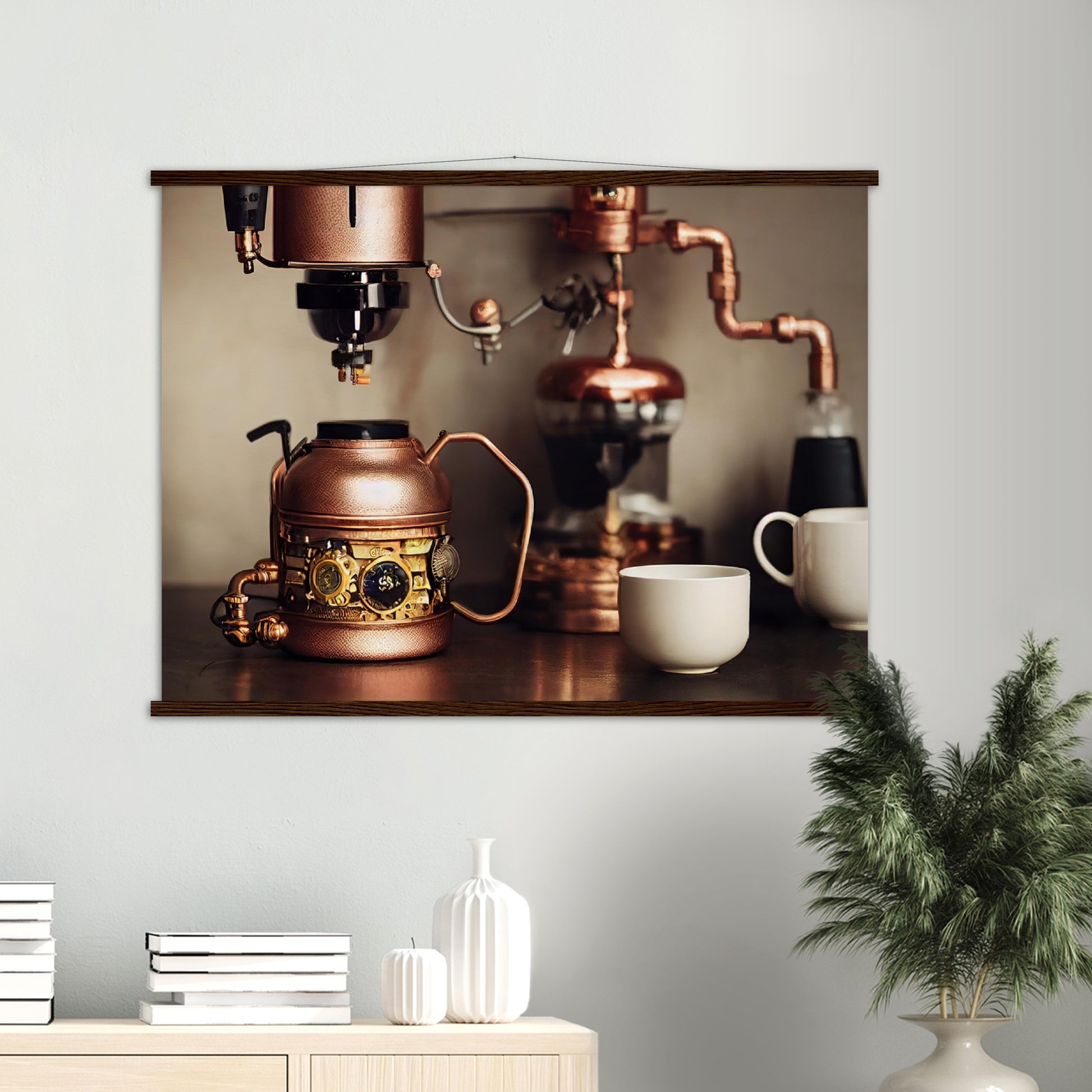 Poster mit Leisten (Holz) - in Museumsqualität - Steampunk - Coffee Maker - No.1 - Wandbild - Kunstwerk - Kunst auf Postern - Fine Art - Steampunk - Future - Maschine - Poster with frame - Office Poster - Art Brand - Pixelboys - Coffee House - Restaurant Poster - Schöner Wohnen - Dekoration - Wall Art - Kunstdruck - Geschenkidee - Kunst auf Acrylglas - Personalisierbare Tasse - Gastro Poster - Gewerbliche Poster - exklusiv