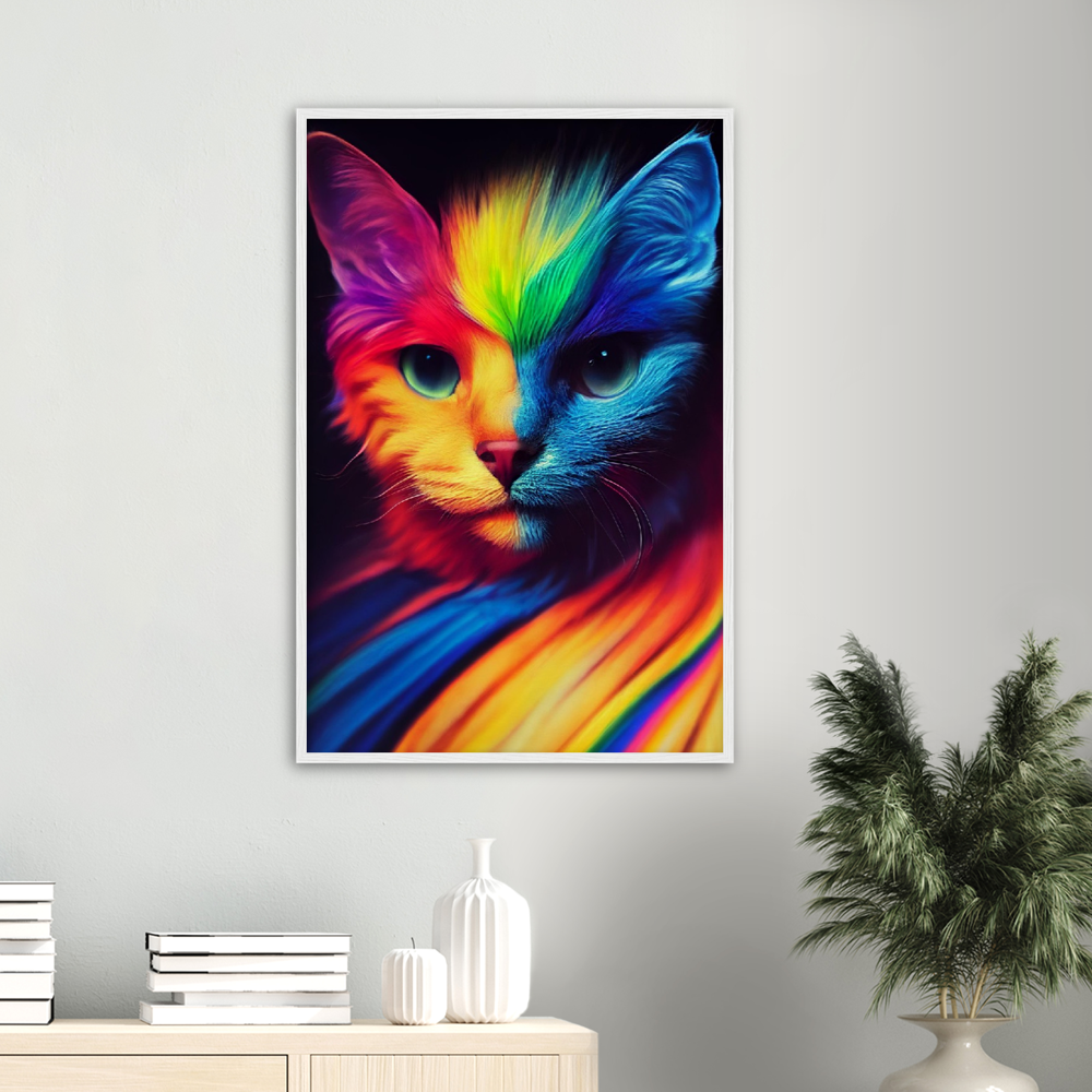 Poster mit Rahmen - Farbenfrohe Regenbogen Katze "Kitty" Poster Set mit Holzrahmen - In vielen verschiedenen Größen - auch in XXL verfügbar!