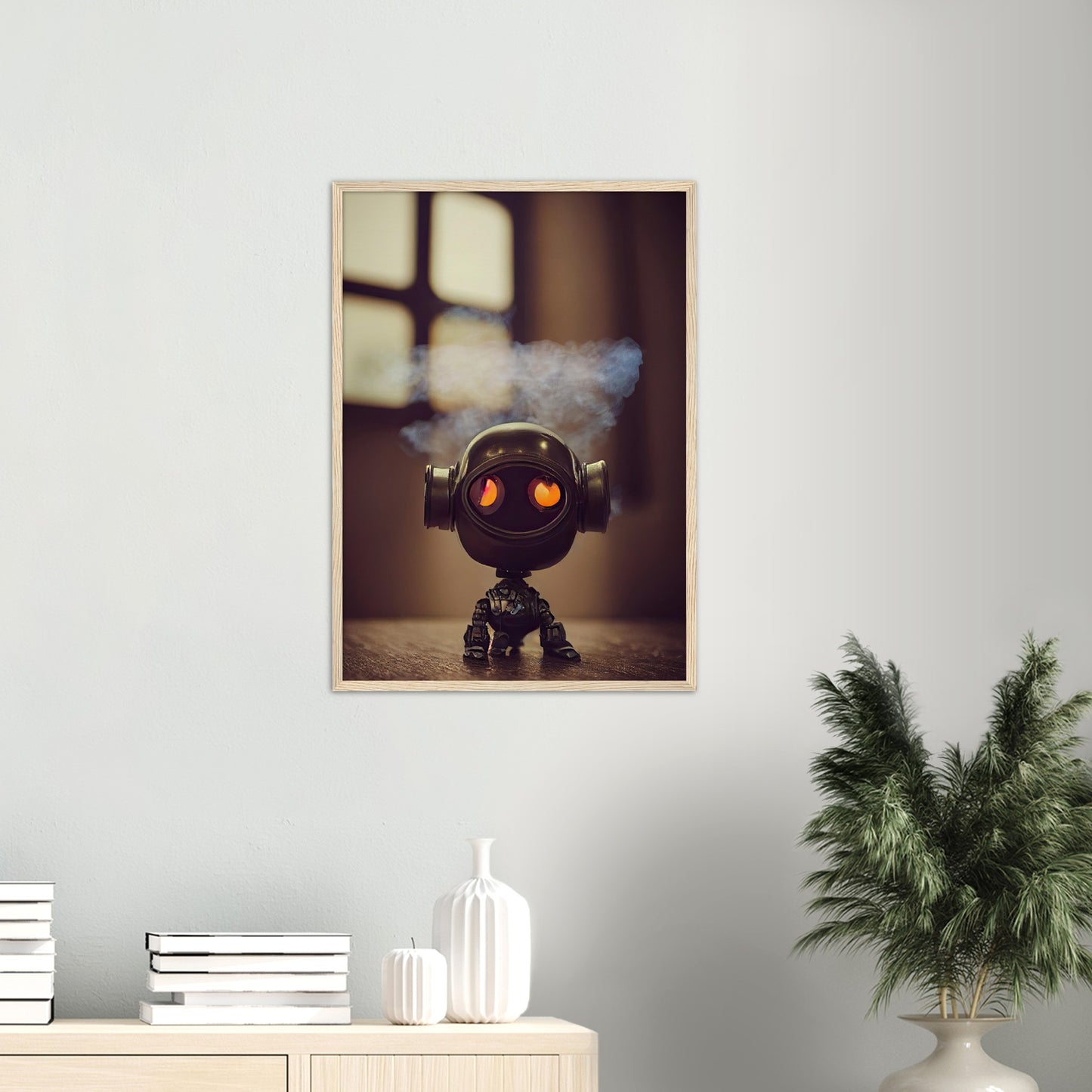 Poster mit Rahmen (Holz) - in Museumsqualität - Tiny robot - with smoke around his head - "Tiny Tim" - Wandbild - Customizable Coffee Cup - Personalized Gifts - Kunstdruck - Rauchender Roboter - Steampunk - Acryldruck - Smoking Robots - Personalized Gifts - Poster with frame - nr.5 lebt - zukunft - Kunstwerk - Office Poster - Poster mit Rahmen - Kaffee Tasse  - Bedruckte Tassen - Kunst Marke - Art Brand - Wandbild - Kunstdrucke - Künstler: John Grayst & Pixelboys - emotional robots - Geschenkidee -