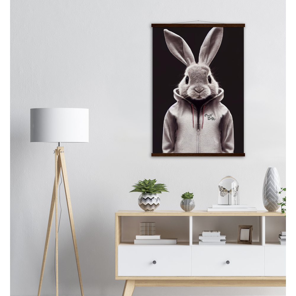 Poster mit Leisten (Holz) - Bunny in grey tracksuit - Fashion Gang - Wandbild - Ostern - Geschenkidee - Osterhase - Bunny Crew: "Valerian" - "Caesar" - "Constantin" - "Cleo"-Titus - Weisser Hase - Easter Bunny - Cute - grey tracksuit - sweats - Alice's Adventures in Wonderland - Modemarke - Pixelboys Brand - Valerian der Hase - Kaninchen  - Künstler: "Pixelboys" - Atelier - Germany - Berlin - Hamburg - Colgne - France - Paris - Italy - Rom - USA - America - New York City - Los Angeles - Chicago - 