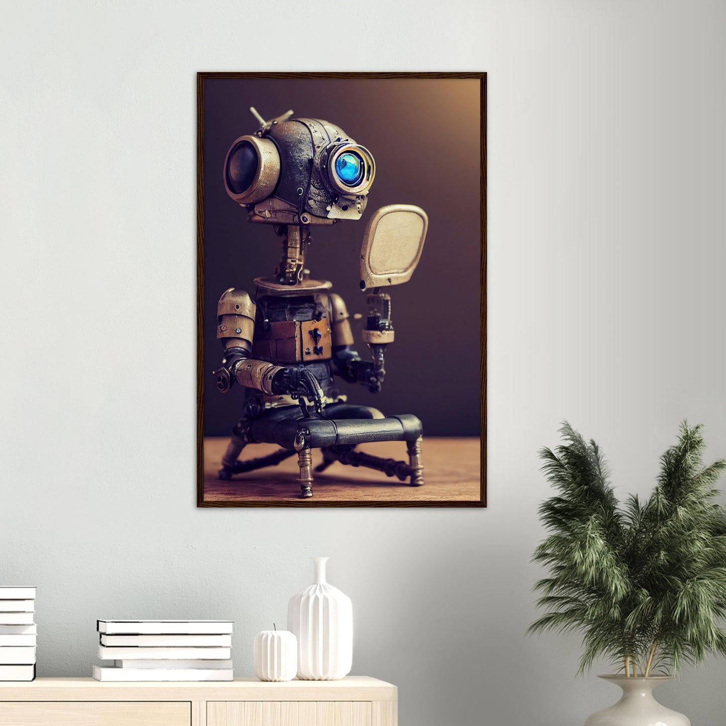 Poster mit Rahmen (Holz) in Museumsqualität - Tiny robot with a mirror - Hitoshi 人 - Wall Art - Spiegel - Acryldruck - Wandkunst - Customizable Coffee Cup - Personalized Gifts - Kunstdruck - Kleine Roboter - Acryldruck - Little Robots - Personalized Gifts - Tiny  - Steampunk - zukunft - Poster with frame - Kunstwerk - Office Poster - Poster mit Rahmen - Kaffee Tasse - Poster - Bedruckte Tassen - Kunst Marke - Art Brand - Kunstdrucke - Künstler: John Grayst & Pixelboys - emotional robots - Geschenkidee - 