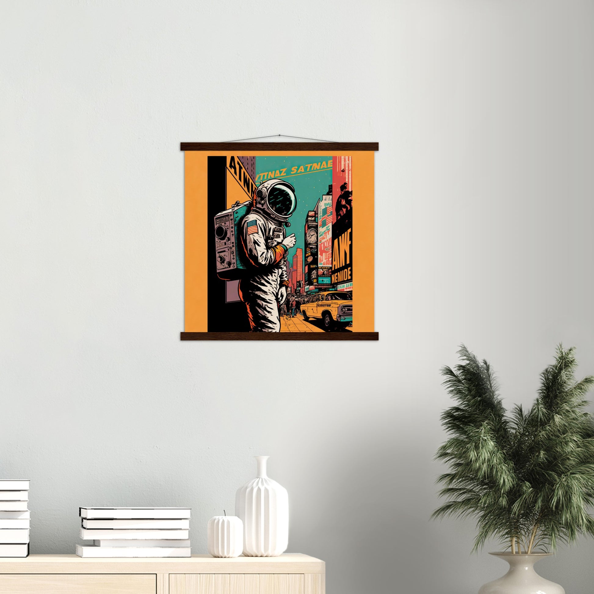 Poster mit Leisten (Holz) in Museumsqualität - Astronaut at the NY Time Square - Illustration - Astronaut - New York - Rocketman - Posterleisten - USA - Fineart - Posterrahmen  - Wandkunst - Holzrahmen - Poster with frame - artwork - art brand - printed cup personalized - Holzleisten - pixelboys - Kunstdrucke - wandbilder - wall art - Kunst auf Tassen  - Office Poster - Gastrotassen - Wanddekoration - Acrylkunst - Geschenkidee - Office Poster - Acryldruck - Abstrakte Kunst -