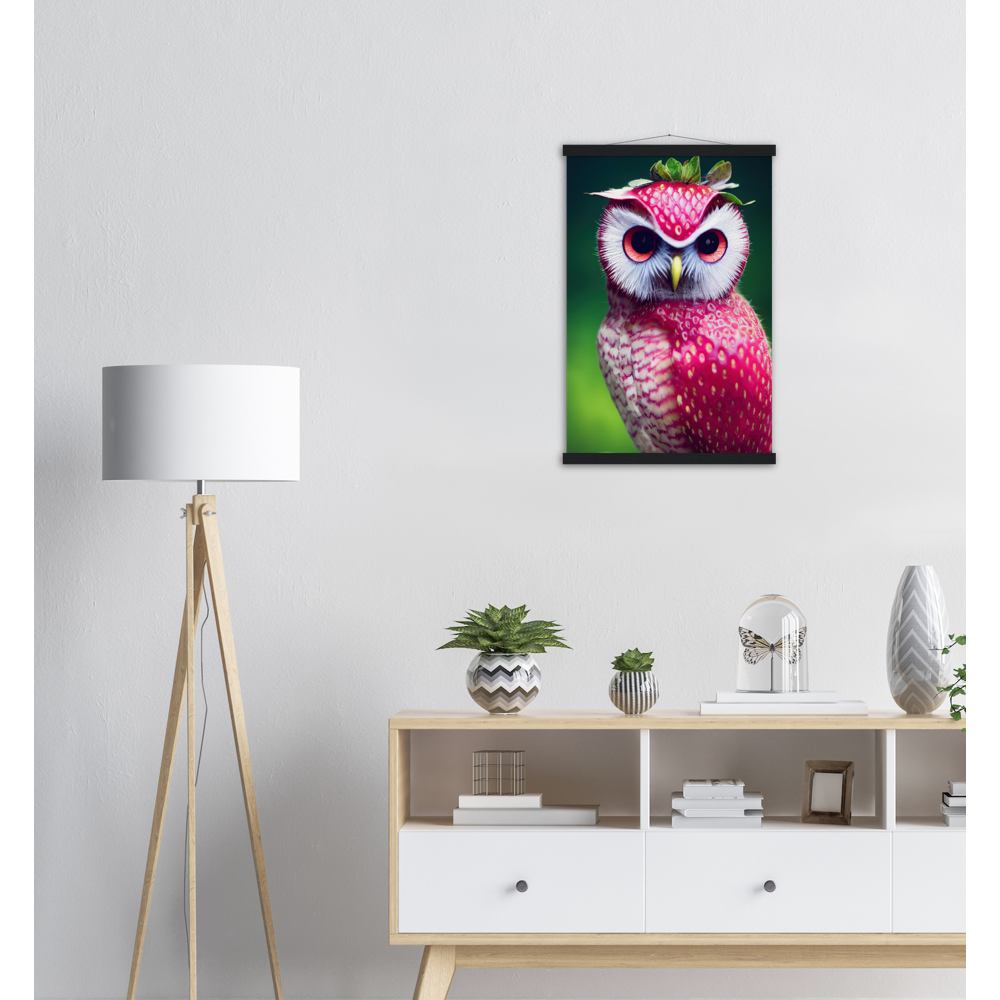 Poster mit Leisten (Holz) - Fruit Owl No. 2 - "Berry", the Strawberry Owl - Serie Fruit Owls - Wandkunst - Kunstdruck - (fiktiv: lat.  Pulsatrix Fragaria) - Erdbeere - Schleiereulen - Fruchteulen - Vogel - Bird - Strigiformes - Noctua - Ornithologie - Kunstwerk  - Office Poster - Poster mit Rahmen - Kaffee Tasse - Poster mit Leisten - Bedruckte Tassen - Kunst Marke - Art Brand - Acrylbild - Wandbild - Kunstdrucke - Papier: 250g/qm - Künstler: John Grayst & Pixelboys - Eulen - Owl - Geschenkidee - 