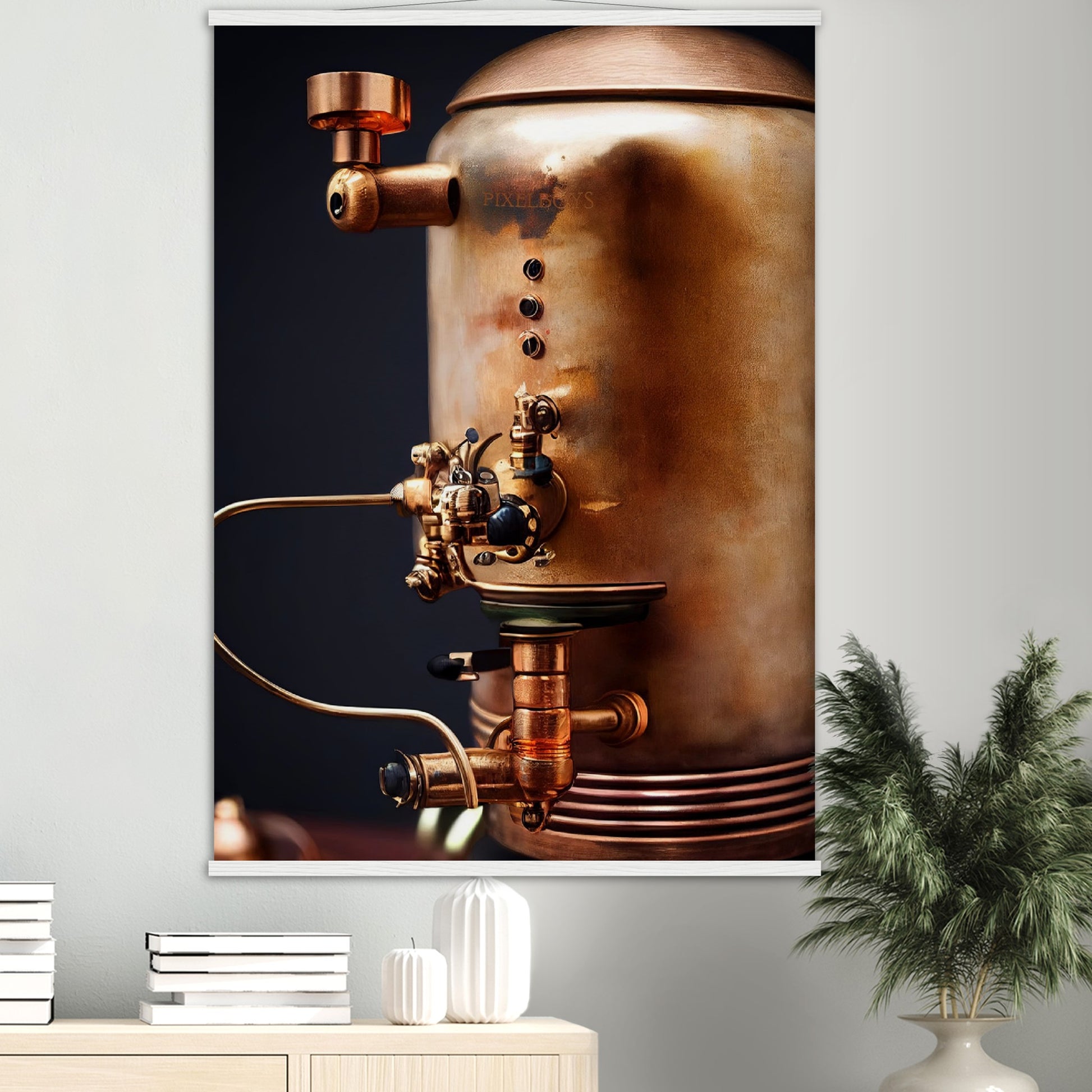 Poster mit Leisten (Holz) - Steampunk - Coffee Maker - No.5 - Collection Cup - Pixelboys - Wandbild - Kunstwerk - Hotelkunst - Kunst auf Postern - Fine Art - Steampunk - Future - Maschine - Poster with frame - Office Poster - Art Brand - Pixelboys - Coffee House - Restaurant Poster - Wall Art - Kunstdruck - Geschenkidee - Kunst auf Acrylglas - Future Coffee Cup - Personalisierbare Tasse - Gastro Tasse - exklusiv - Acryldruck - Gastronomie Poster - Hotelposter - Steam Punk Kitchen -   