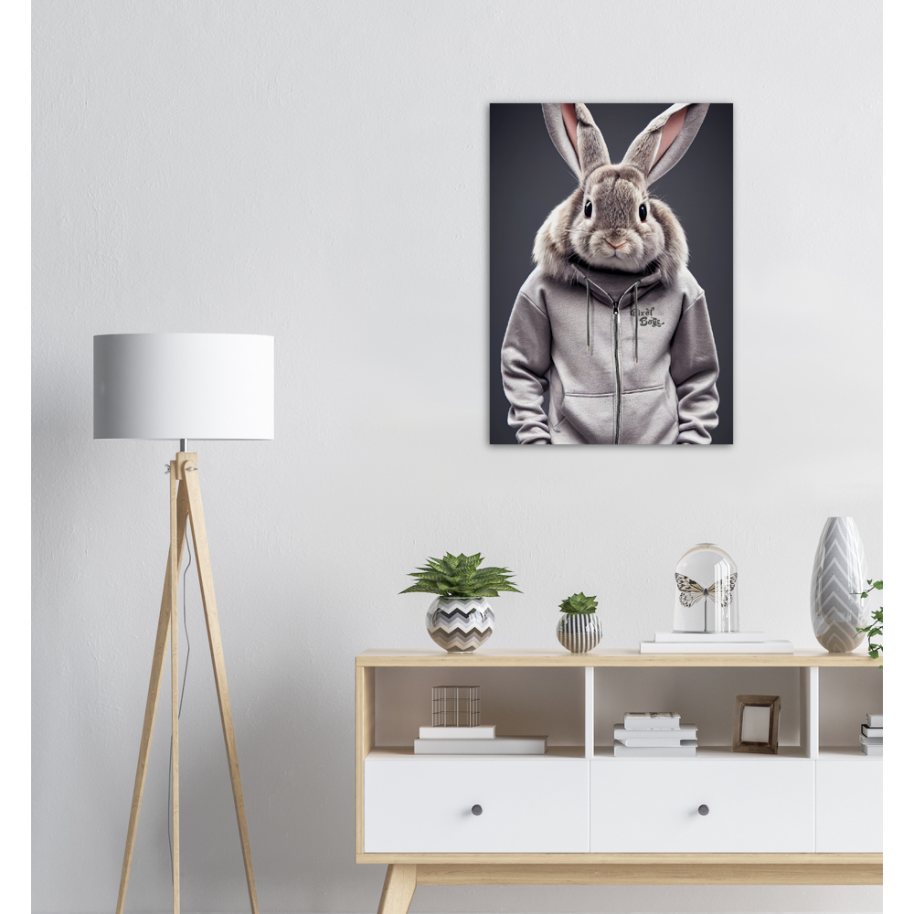 Poster in Museumsqualität - Bunny in grey Tracksuit - "Titus" - Fashion Gang - Becher - Ostern - Geschenkidee - Osterhase - Bunny Crew: "Titus" - "Caesar" - "Constantin" - "Cleo" - Weisser Hase - Easter Bunny - Cute - grey tracksuit - sweats - Alice's Adventures in Wonderland - Modemarke - Pixelboys Brand - Constantin der Hase - Hase - Kaninchen  - Künstler: "Pixelboys" - Atelier - Germany - Berlin - Hamburg - Colgne - France - Paris - Italy - Rom - USA - America - New York City - Los Angeles - Chicago - 