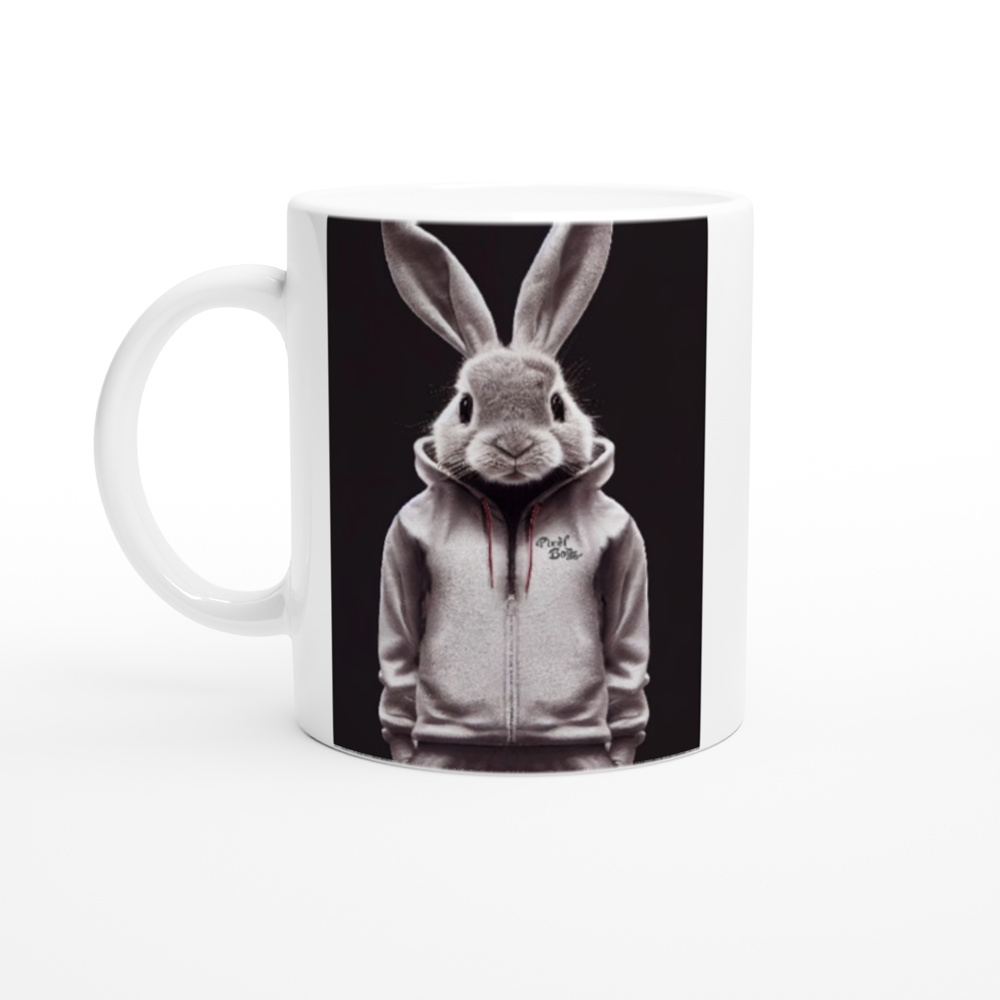 Personalisierte Tasse - Bunny in grey tracksuit - Fashion Gang - Tee Becher - Ostern - Geschenkidee - Osterhase - Bunny Crew: "Valerian" - "Caesar" - "Constantin" - "Cleo"-Titus - Weisser Hase - Easter Bunny - Cute - grey tracksuit - sweats - Alice's Adventures in Wonderland - Modemarke - Pixelboys Brand - Valerian der Hase - Kaninchen  - Künstler: "Pixelboys" - Atelier - Germany - Berlin - Hamburg - Colgne - France - Paris - Italy - Rom - USA - America - New York City - Los Angeles - Chicago - 