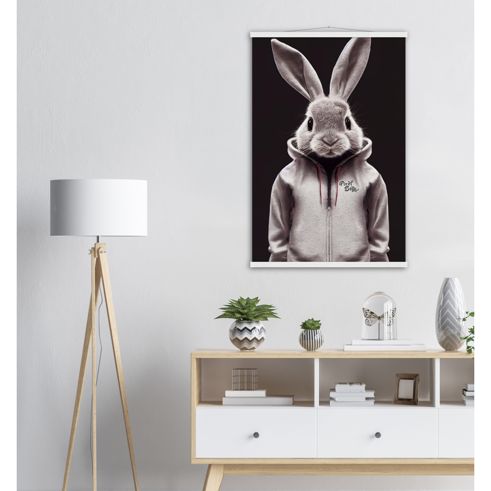 Poster mit Leisten (Holz) - Bunny in grey tracksuit - Fashion Gang - Wandbild - Ostern - Geschenkidee - Osterhase - Bunny Crew: "Valerian" - "Caesar" - "Constantin" - "Cleo"-Titus - Weisser Hase - Easter Bunny - Cute - grey tracksuit - sweats - Alice's Adventures in Wonderland - Modemarke - Pixelboys Brand - Valerian der Hase - Kaninchen  - Künstler: "Pixelboys" - Atelier - Germany - Berlin - Hamburg - Colgne - France - Paris - Italy - Rom - USA - America - New York City - Los Angeles - Chicago - 