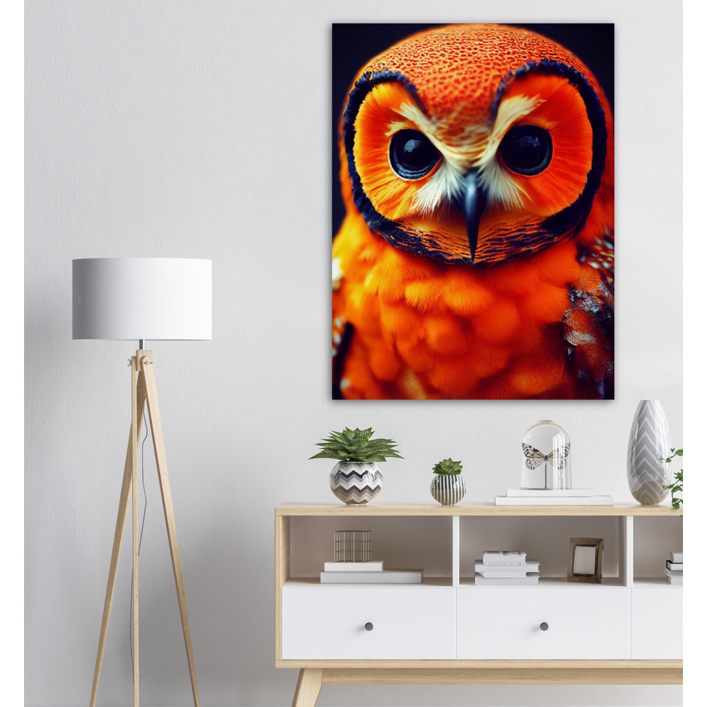 Poster in Museumsqualität - Fruit Owl No. 1 - "Orangina", the orange owl - Serie Fruit Owls - Schleiereulen - lat. Tytonidae - Fruchteulen - Vogel - Bird - Strigiformes - Noctua - Ornithologie - Kunstwerk - Acryldruck - Poster mit Rahmen - Poster mit Leisten - Bedruckte Tassen - Kunst Marke - Art Brand - Pixelboys - Kunstdruck - Acrylbild - Wandbild - Kunstdrucke - Papier: 250g/qm - Künstler: John Grayst & Pixelboys - Eulen - Owl-  - Atelier - England - London - Birmingham - Manchester - Leeds - Liverpool 