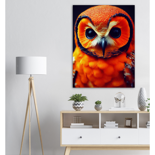 Poster in Museumsqualität - Fruit Owl No. 1 - "Orangina", the orange owl - Serie Fruit Owls - Schleiereulen - lat. Tytonidae - Fruchteulen - Vogel - Bird - Strigiformes - Noctua - Ornithologie - Kunstwerk - Acryldruck - Poster mit Rahmen - Poster mit Leisten - Bedruckte Tassen - Kunst Marke - Art Brand - Pixelboys - Kunstdruck - Acrylbild - Wandbild - Kunstdrucke - Papier: 250g/qm - Künstler: John Grayst & Pixelboys - Eulen - Owl-  - Atelier - England - London - Birmingham - Manchester - Leeds - Liverpool 