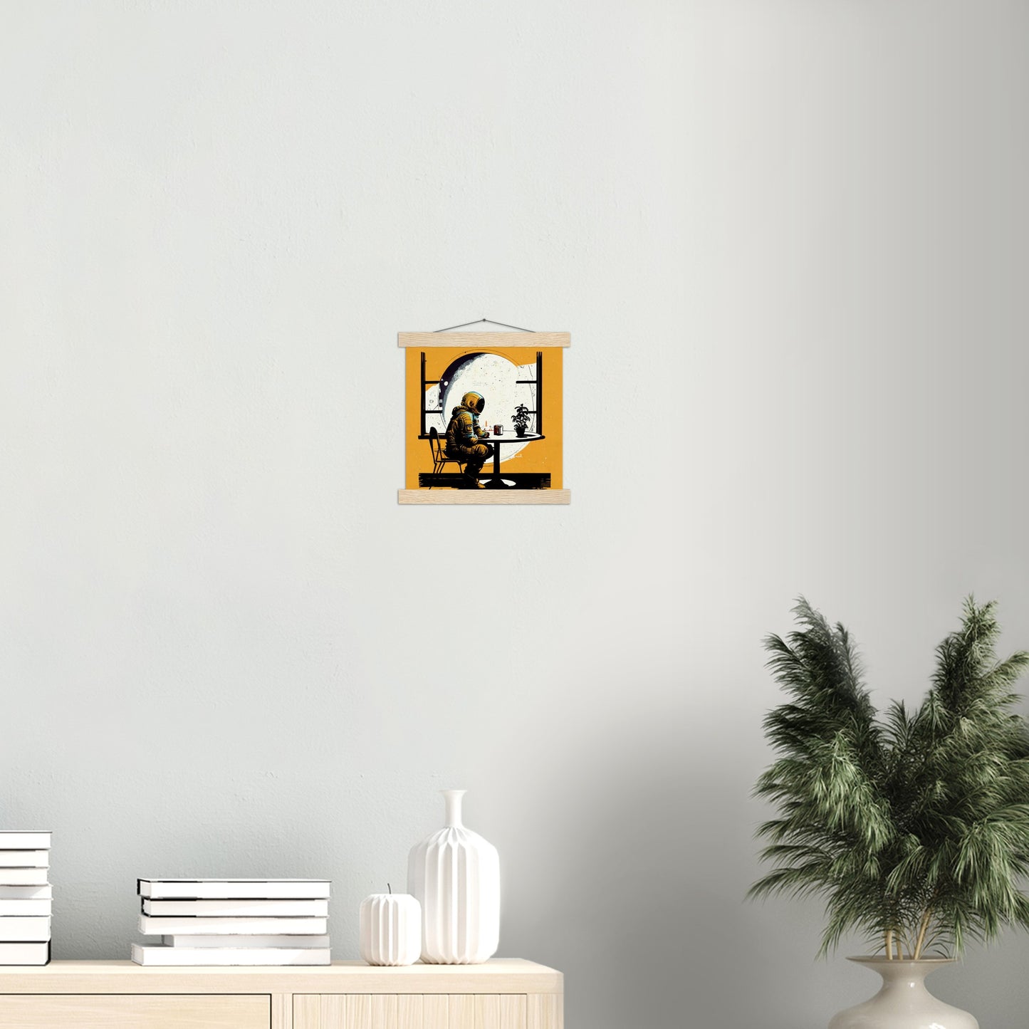 Poster mit Leisten (Holz) in Museumsqualität - The waiting Astronaut - Michael - Illustration - Astronaut - Waiting - Posterleisten - USA - Fineart - Posterrahmen  - Wandkunst - Holzrahmen - Poster with frame - people of color - artwork - art brand - printed cup personalized - Holzleisten - pixelboys - Kunstdrucke - wandbilder - wall art - Kunst auf Tassen  - Office Poster - Gastrotassen - Wanddekoration - Acrylkunst - Geschenkidee - Office Poster - Acryldruck - Abstrakte Kunst -