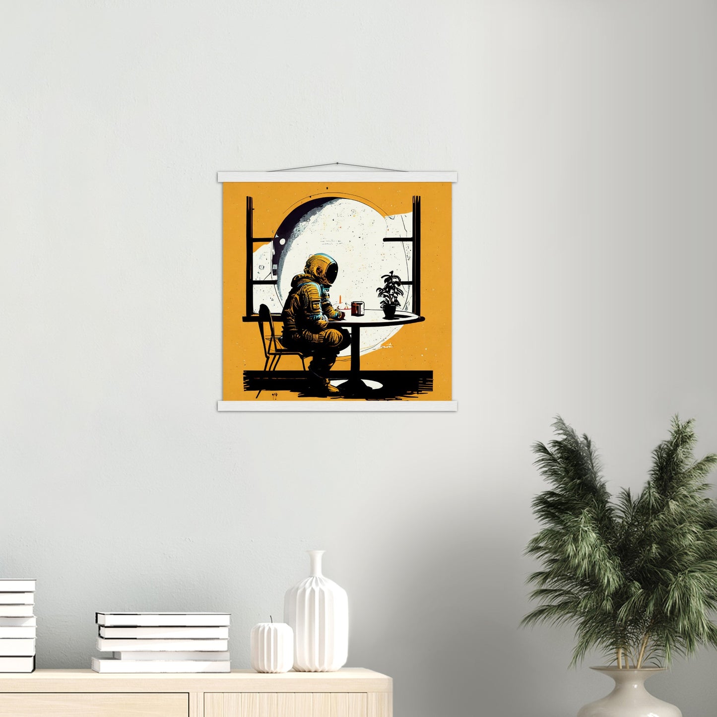 Poster mit Leisten (Holz) in Museumsqualität - The waiting Astronaut - Michael - Illustration - Astronaut - Waiting - Posterleisten - USA - Fineart - Posterrahmen  - Wandkunst - Holzrahmen - Poster with frame - people of color - artwork - art brand - printed cup personalized - Holzleisten - pixelboys - Kunstdrucke - wandbilder - wall art - Kunst auf Tassen  - Office Poster - Gastrotassen - Wanddekoration - Acrylkunst - Geschenkidee - Office Poster - Acryldruck - Abstrakte Kunst -