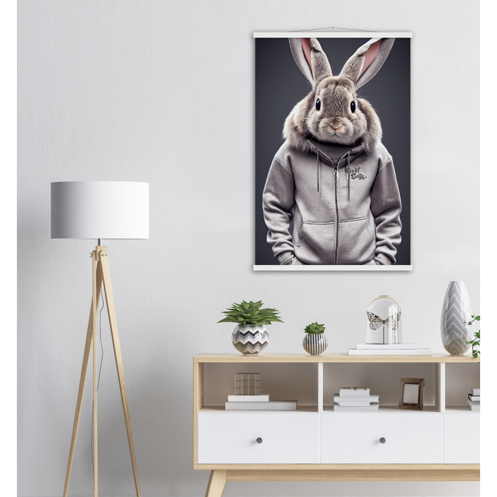 Poster mit Leisten (Holz) - Bunny in grey Tracksuit - "Titus" - Fashion Gang - Wandbild - Ostern - Geschenkidee - Osterhase - Bunny Crew: "Titus" - "Caesar" - "Constantin" - "Cleo" - Weisser Hase - Easter Bunny - Cute - grey tracksuit - sweats - Alice's Adventures in Wonderland - Modemarke - Pixelboys Brand - Constantin der Hase - Hase - Kaninchen  - Künstler: "Pixelboys" - Atelier - Germany - Berlin - Hamburg - Colgne - France - Paris - Italy - Rom - USA - America - New York City - Los Angeles - Chicago - 