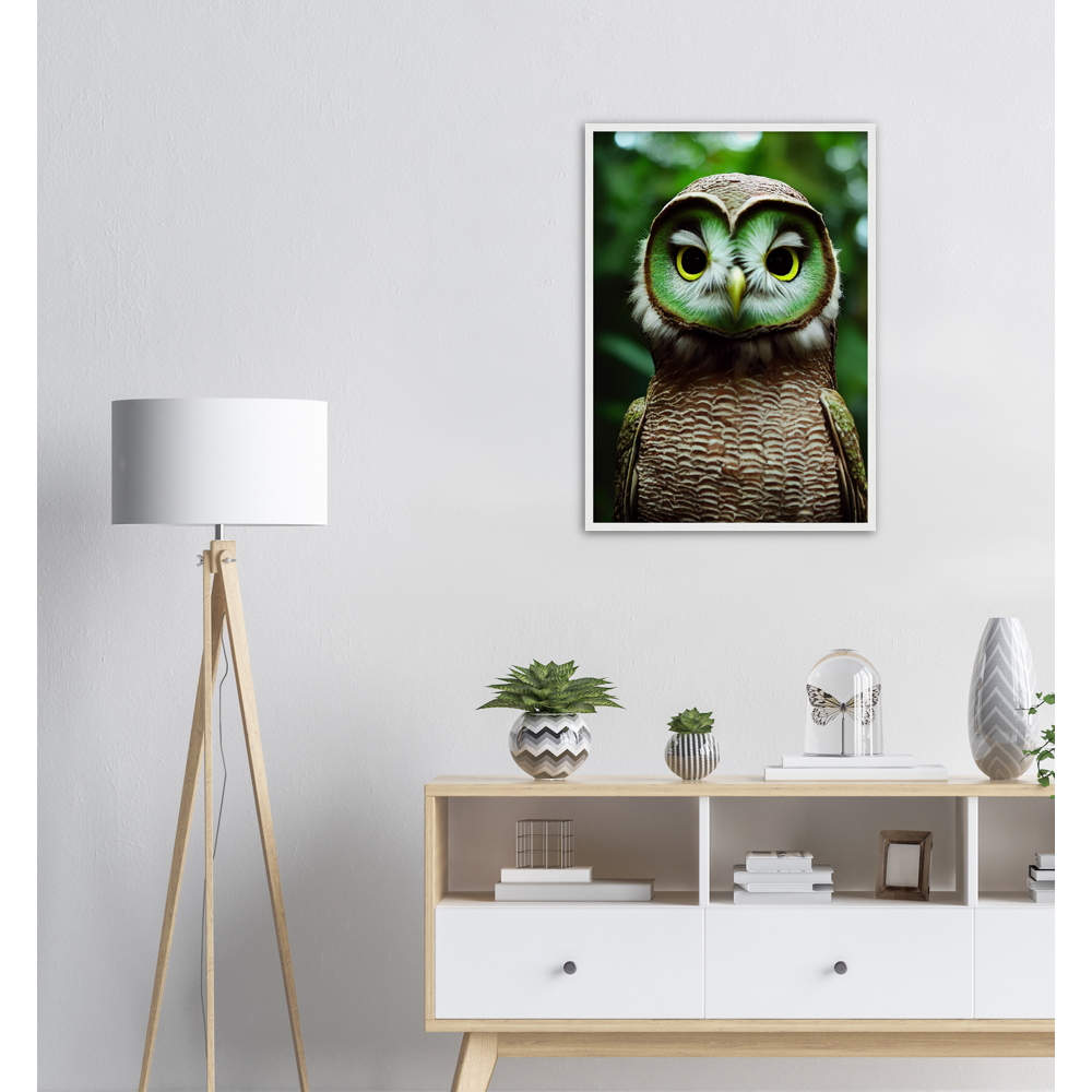 Poster mit Rahmen - Fruit Owl No. 4 - "Kiki", the Kiwi Owl - Wandkunst - Kunstdruck - (lat. tyto actinidia) - Kiwi Eule - Kiwi Owl - Fruchteulen - Vogel - Bird - Strigiformes - Noctua - Ornithologie - Kunstwerk  - Office Poster - Poster mit Rahmen - Kaffee Tasse - Poster mit Leisten - Bedruckte Tassen - Kunst Marke - Art Brand - Acryldruck - Wandbild - Kunstdrucke - Papier: 250g/qm - Künstler: John Grayst & Pixelboys - Eulen - Owl - Geschenkidee - 