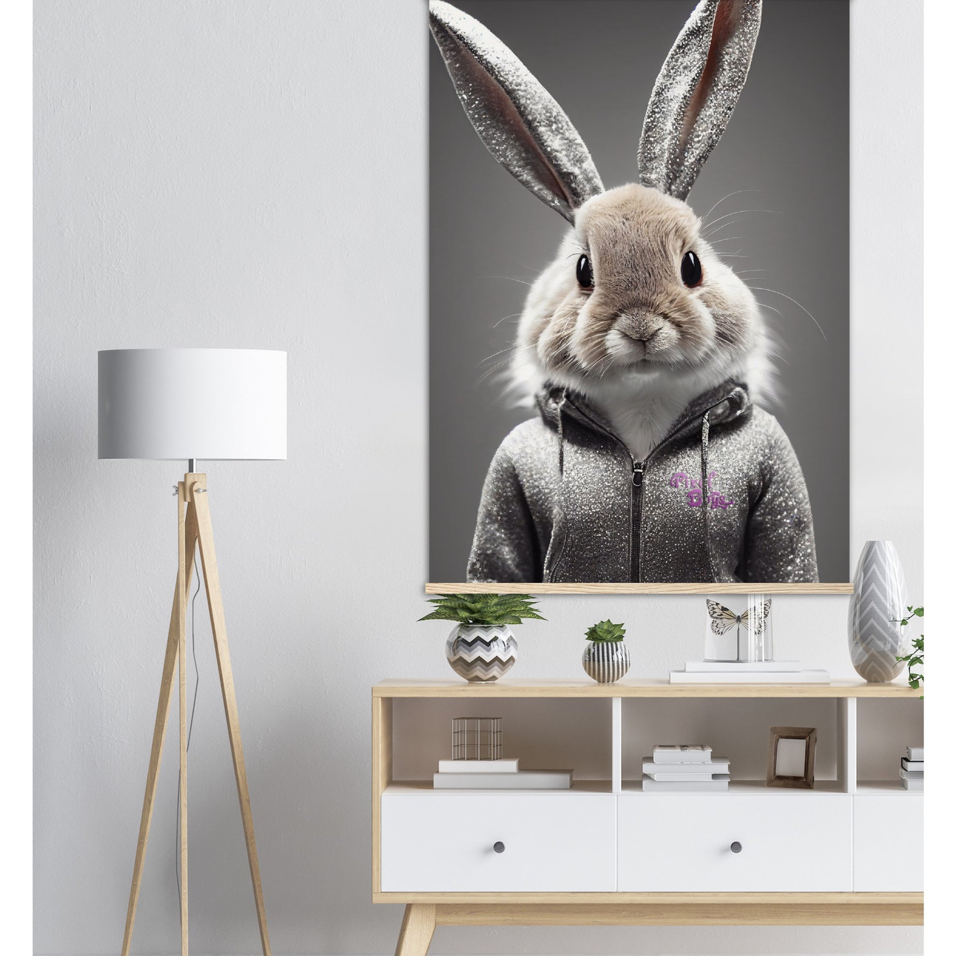 Poster mit Leisten (Holz) - in Museumsqualität - Bunny in grey tracksuit - "Cleo" - Cute - Marke:Pixelboys - Brand - Art Prints - Marke - Wandkunst - Papierstärke: 250g/qm - Wall Art - Bunny crey - Skater Betty - Hasen Gang - Original - Künstler:Pixelboys - Poster with frame - Office Poster - Trend - Wandschmuck - Atelier USA - 