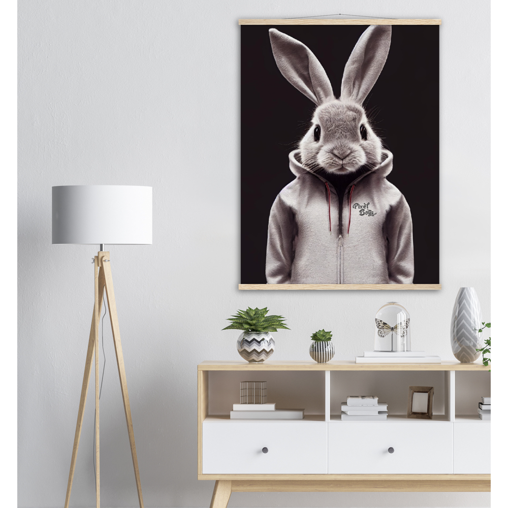 Poster mit Leisten (Holz) - Bunny in grey tracksuit - Fashion Gang - Wandbild - Ostern - Geschenkidee - Osterhase - Bunny Crew: "Valerian" - "Caesar" - "Constantin" - "Cleo"-Titus - Weisser Hase - Easter Bunny - Cute - grey tracksuit - sweats - Alice's Adventures in Wonderland - Modemarke - Pixelboys Brand - Valerian der Hase - Kaninchen  - Künstler: "Pixelboys" - Atelier - Germany - Berlin - Hamburg - Colgne - France - Paris - Italy - Rom - USA - America - New York City - Los Angeles - Chicago - 