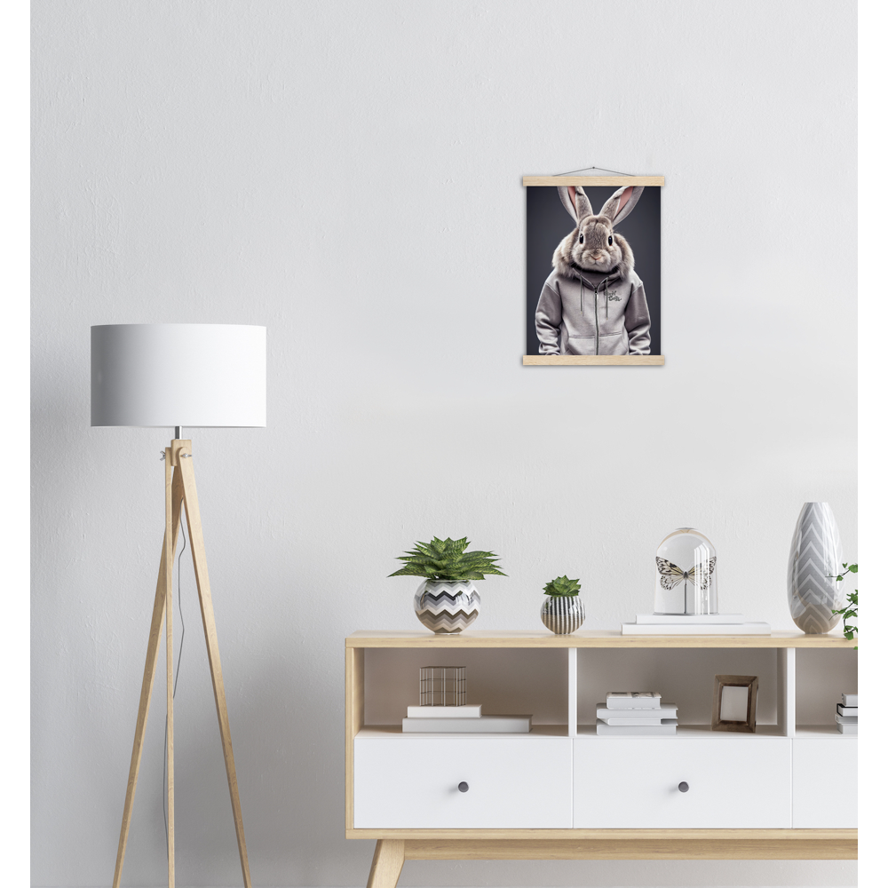 Poster mit Leisten (Holz) - Bunny in grey Tracksuit - "Titus" - Fashion Gang - Wandbild - Ostern - Geschenkidee - Osterhase - Bunny Crew: "Titus" - "Caesar" - "Constantin" - "Cleo" - Weisser Hase - Easter Bunny - Cute - grey tracksuit - sweats - Alice's Adventures in Wonderland - Modemarke - Pixelboys Brand - Constantin der Hase - Hase - Kaninchen  - Künstler: "Pixelboys" - Atelier - Germany - Berlin - Hamburg - Colgne - France - Paris - Italy - Rom - USA - America - New York City - Los Angeles - Chicago - 