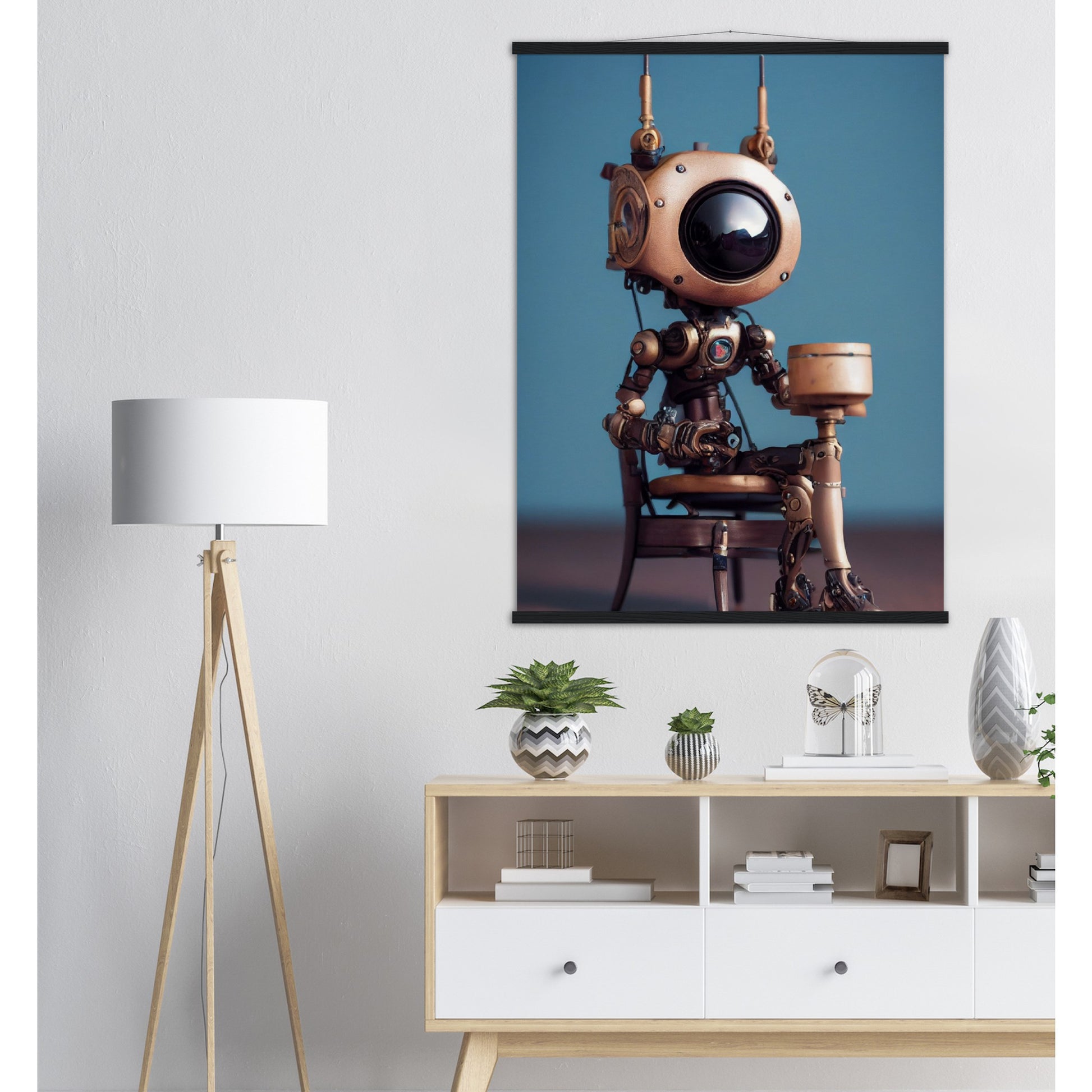 Poster mit Leisten (Holz) in Museumsqualität - Tiny robot with a present - "Tiny Sam" - Wandbild - Customizable Coffee Cup - Personalized Gifts - Kunstdruck - Roboter mit Geschenk - Steampunk - Acryldruck - Present Robots - Personalized Gifts - Poster with frame - nr.5 lebt - zukunft - Kunstwerk - Office Poster - Poster mit Rahmen - Kaffee Tasse  - Bedruckte Tassen - Kunst Marke - Art Brand - Wandbild - Kunstdrucke - Künstler: John Grayst & Pixelboys - emotional robots - Geschenkidee - Wall Art -