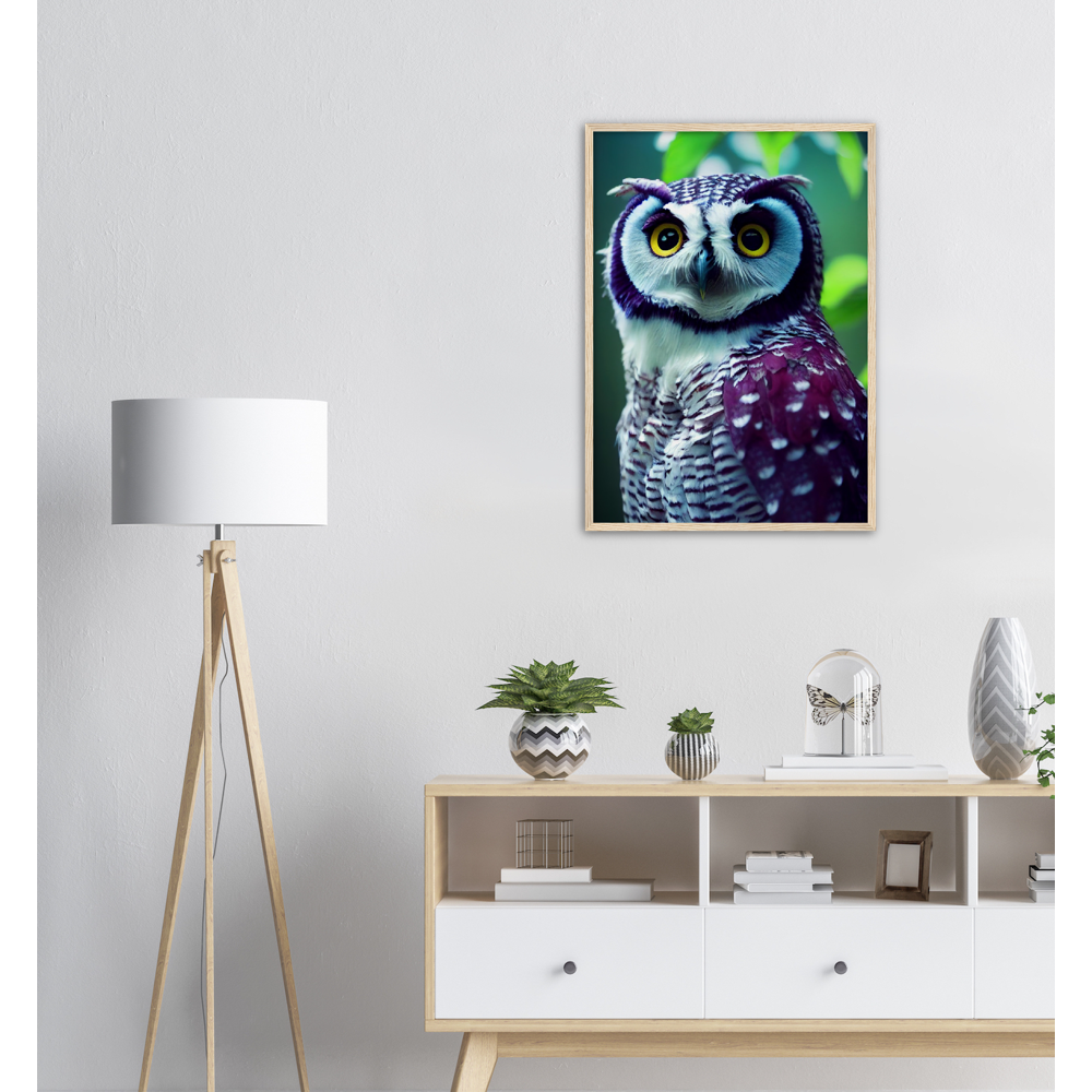 Poster mit Rahmen (Holz) - Fruit Owl No.5 - "Sini", the bluberry owl - Wandkunst - Kunstdruck - Heidelbeereule - (lat. bubo vaccinium) - Teebecher - Heidelbeere Eule - Fruchteulen - blueberry owl- Vogel - Uhu - Bird - Strigiformes - Noctua - Ornithologie - Kunstwerk  - Office Poster - Poster mit Rahmen - Kaffee Tasse - Poster mit Leisten - Bedruckte Tassen - Kunst Marke - Art Brand - Acryldruck - Wandbild - Kunstdrucke - Papier: 250g/qm - Künstler: John Grayst & Pixelboys - Eulen - Owl - Geschenkidee - 
