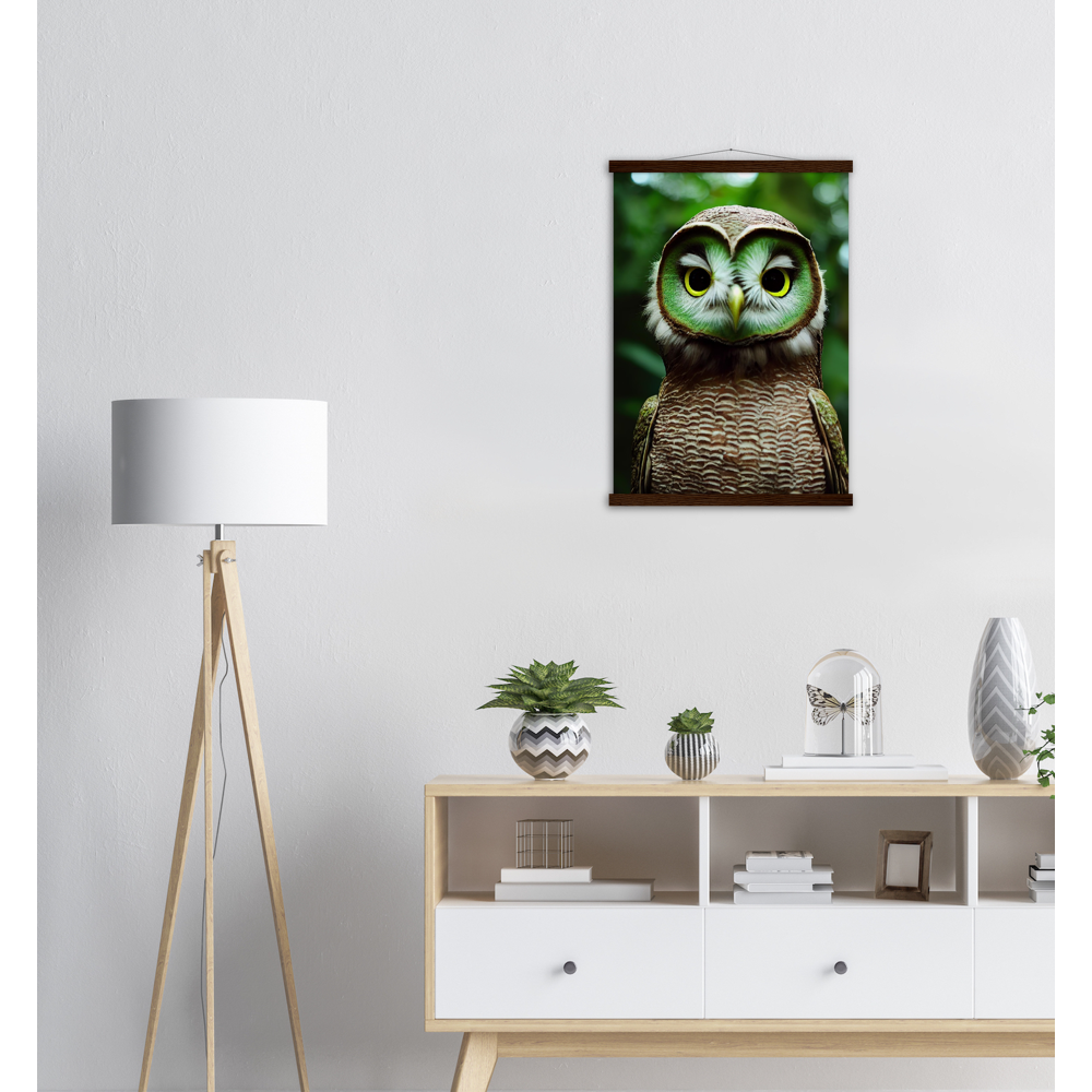 Poster mit Leisten (Holz) - Fruit Owl No. 4 - "Kiki", the Kiwi Owl - Wandkunst - Kunstdruck - (lat. tyto actinidia) - Kiwi Eule - Kiwi Owl - Fruchteulen - Vogel - Bird - Strigiformes - Noctua - Ornithologie - Kunstwerk  - Office Poster - Poster mit Rahmen - Kaffee Tasse - Poster mit Leisten - Bedruckte Tassen - Kunst Marke - Art Brand - Acryldruck - Wandbild - Kunstdrucke - Papier: 250g/qm - Künstler: John Grayst & Pixelboys - Eulen - Owl - Geschenkidee - 