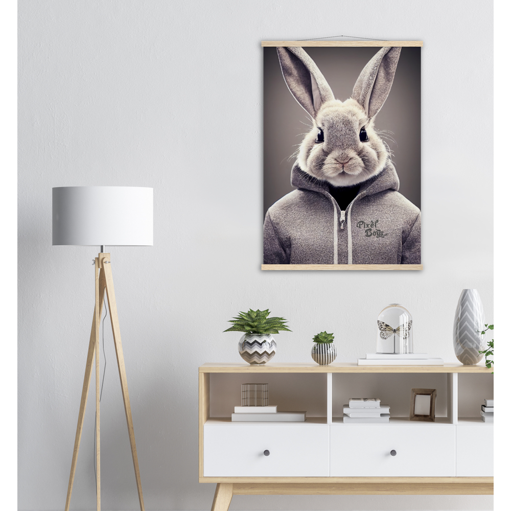 Poster mit Leisten (Holz) - Bunny in grey Hoodie - "Constantin" - Fashion Gang - Wandbild - Ostern - Geschenkidee - Osterhase - Bunny Crew: "Constantin" - "Caesar" - "Titus" - "Cleo" - Weisser Hase - Easter Bunny - Cute - grey Hoodie - sweats - Alice's Adventures in Wonderland - Modemarke - Pixelboys Brand - Constantin der Hase - Hase - Kaninchen  - Künstler: "Pixelboys" - Atelier - Germany - Berlin - Hamburg - Colgne - France - Paris - Italy - Rom - USA - America - New York City - Los Angeles - Chicago - 