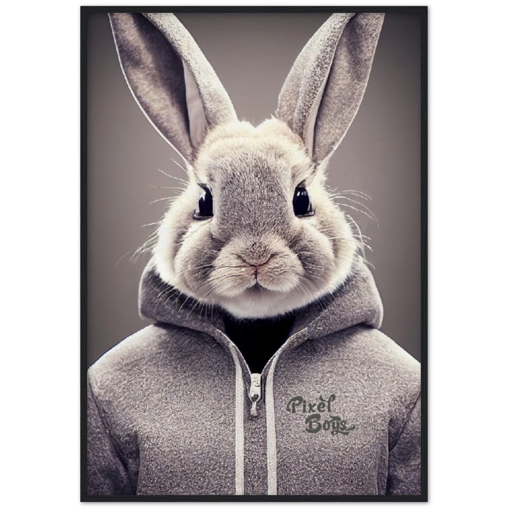 Poster mit Rahmen (Holz) - Bunny in grey Hoodie - "Constantin" - Fashion Gang - Wandbild - Ostern - Geschenkidee - Osterhase - Bunny Crew: "Constantin" - "Caesar" - "Titus" - "Cleo" - Weisser Hase - Easter Bunny - Cute - grey Hoodie - sweats - Alice's Adventures in Wonderland - Modemarke - Pixelboys Brand - Constantin der Hase - Hase - Kaninchen  - Künstler: "Pixelboys" - Atelier - Germany - Berlin - Hamburg - Colgne - France - Paris - Italy - Rom - USA - America - New York City - Los Angeles - Chicago - 