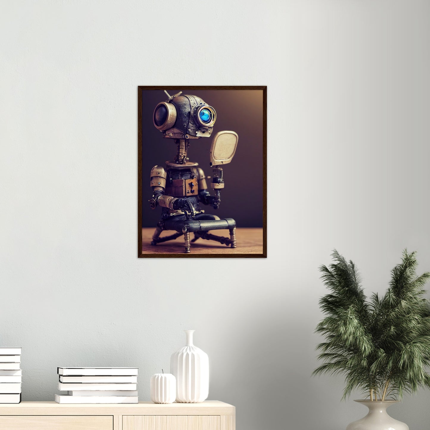 Poster mit Rahmen (Holz) in Museumsqualität - Tiny robot with a mirror - Hitoshi 人 - Wall Art - Spiegel - Acryldruck - Wandkunst - Customizable Coffee Cup - Personalized Gifts - Kunstdruck - Kleine Roboter - Acryldruck - Little Robots - Personalized Gifts - Tiny  - Steampunk - zukunft - Poster with frame - Kunstwerk - Office Poster - Poster mit Rahmen - Kaffee Tasse - Poster - Bedruckte Tassen - Kunst Marke - Art Brand - Kunstdrucke - Künstler: John Grayst & Pixelboys - emotional robots - Geschenkidee - 