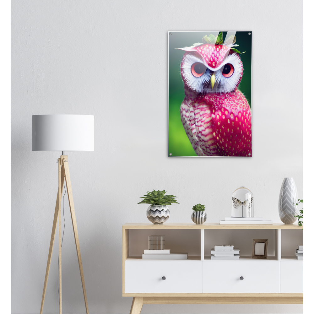 Acrylbild - Fruit Owl No. 2 - "Berry", the Strawberry Owl - Serie Fruit Owls - Wandkunst - Kunstdruck - (fiktiv: lat.  Pulsatrix Fragaria) - Erdbeere - Schleiereulen - Fruchteulen - Vogel - Bird - Strigiformes - Noctua - Ornithologie - Kunstwerk  - Office Poster - Poster mit Rahmen - Kaffee Tasse - Poster mit Leisten - Bedruckte Tassen - Kunst Marke - Art Brand - Acrylbild - Wandbild - Kunstdrucke - Papier: 250g/qm - Künstler: John Grayst & Pixelboys - Eulen - Owl - Geschenkidee - 