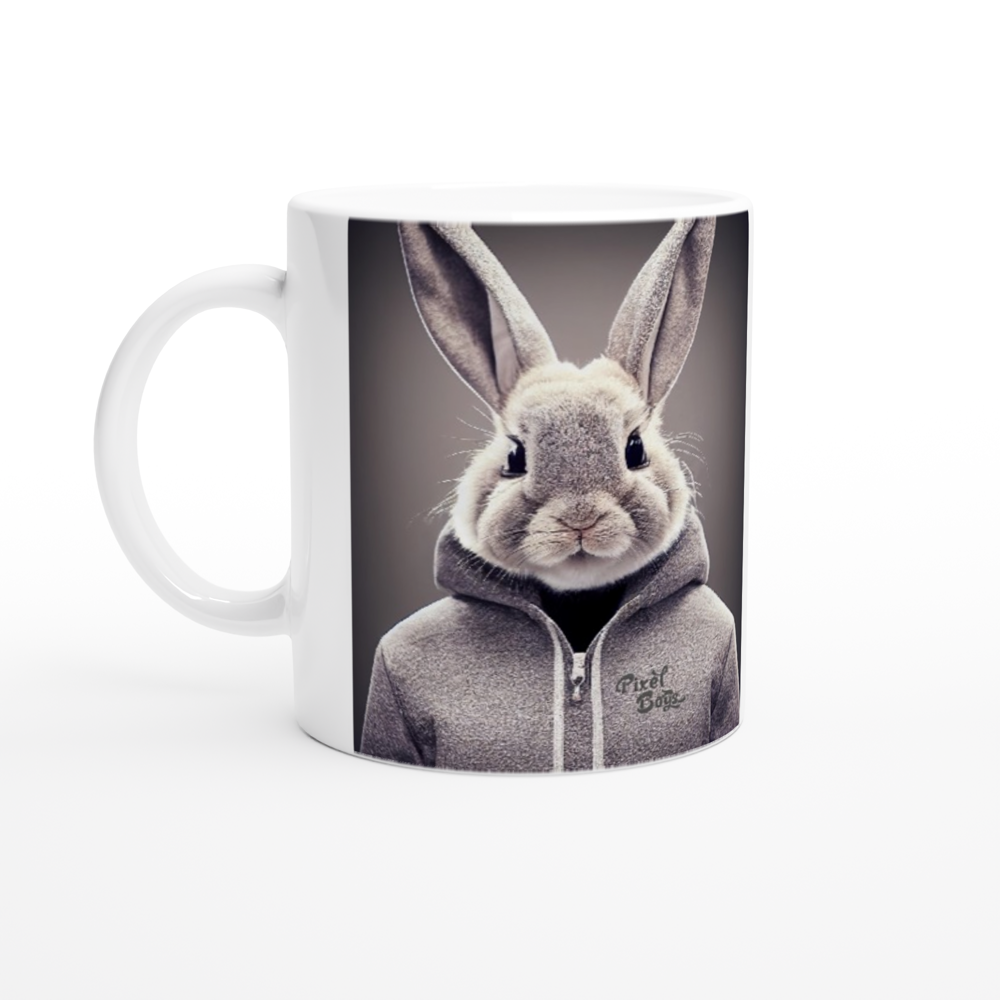 Personalisierte Tasse - Bunny in grey Hoodie - "Constantin" - Fashion Gang - Becher - Ostern - Geschenkidee - Osterhase - Bunny Crew: "Constantin" - "Caesar" - "Titus" - "Cleo" - Weisser Hase - Easter Bunny - Cute - grey tracksuit - sweats - Alice's Adventures in Wonderland - Modemarke - Pixelboys Brand - Constantin der Hase - Hase - Kaninchen  - Künstler: "Pixelboys" - Atelier - Germany - Berlin - Hamburg - Colgne - France - Paris - Italy - Rom - USA - America - New York City - Los Angeles - Chicago - 