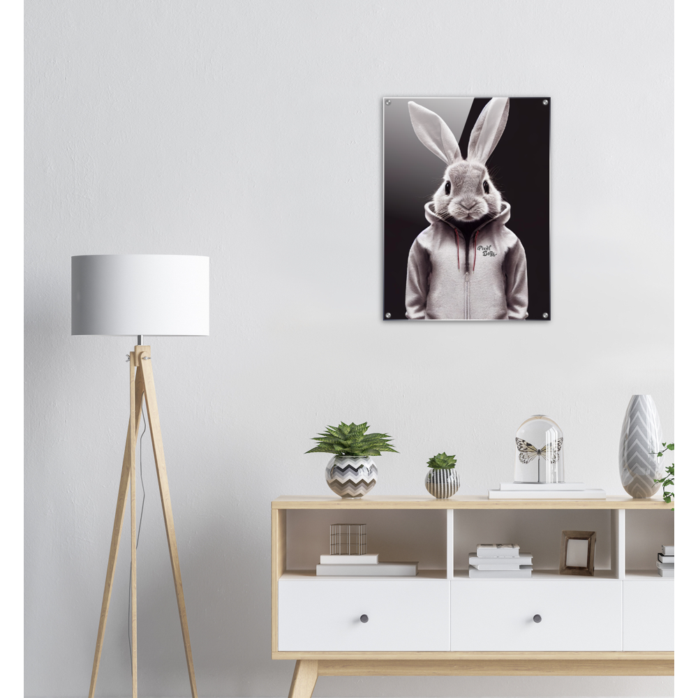 Acrylbild - Bunny in grey tracksuit - Fashion Gang - Acryldruck - Ostern - Geschenkidee - Osterhase - Bunny Crew: "Valerian" - "Caesar" - "Constantin" - "Cleo"-Titus - Weisser Hase - Easter Bunny - Cute - grey tracksuit - sweats - Alice's Adventures in Wonderland - Modemarke - Pixelboys Brand - Valerian der Hase - Kaninchen  - Künstler: "Pixelboys" - Atelier - Germany - Berlin - Hamburg - Colgne - France - Paris - Italy - Rom - USA - America - New York City - Los Angeles - Chicago - 