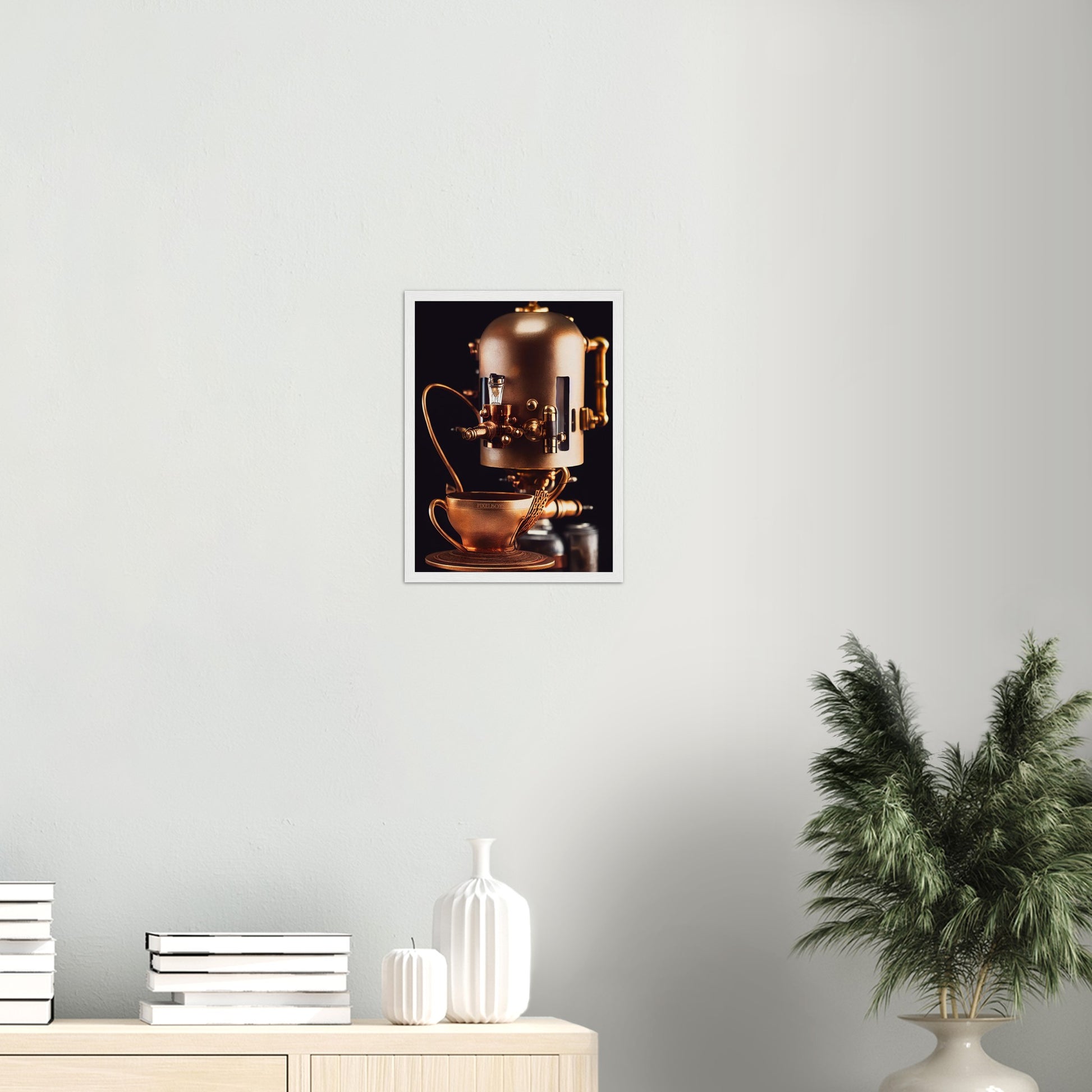 Poster mit Rahmen (Holz) - Steampunk - Coffee Maker - No.7 - Collection Cup - Pixelboys - Wandbild - Kunstwerk - Hotelkunst - Kunst auf Postern - Fine Art - Steampunk - Future - Maschine - Poster with frame - Office Poster - Art Brand - Pixelboys - Coffee House - Restaurant Poster - Wall Art - Kunstdruck - Geschenkidee - Kunst auf Acrylglas - Future Coffee Cup - Personalisierbare Tasse - Gastro Tasse - exklusiv - Acryldruck - Gastronomie Poster - Hotelposter - Teestube - Steam Punk Kitchen -   