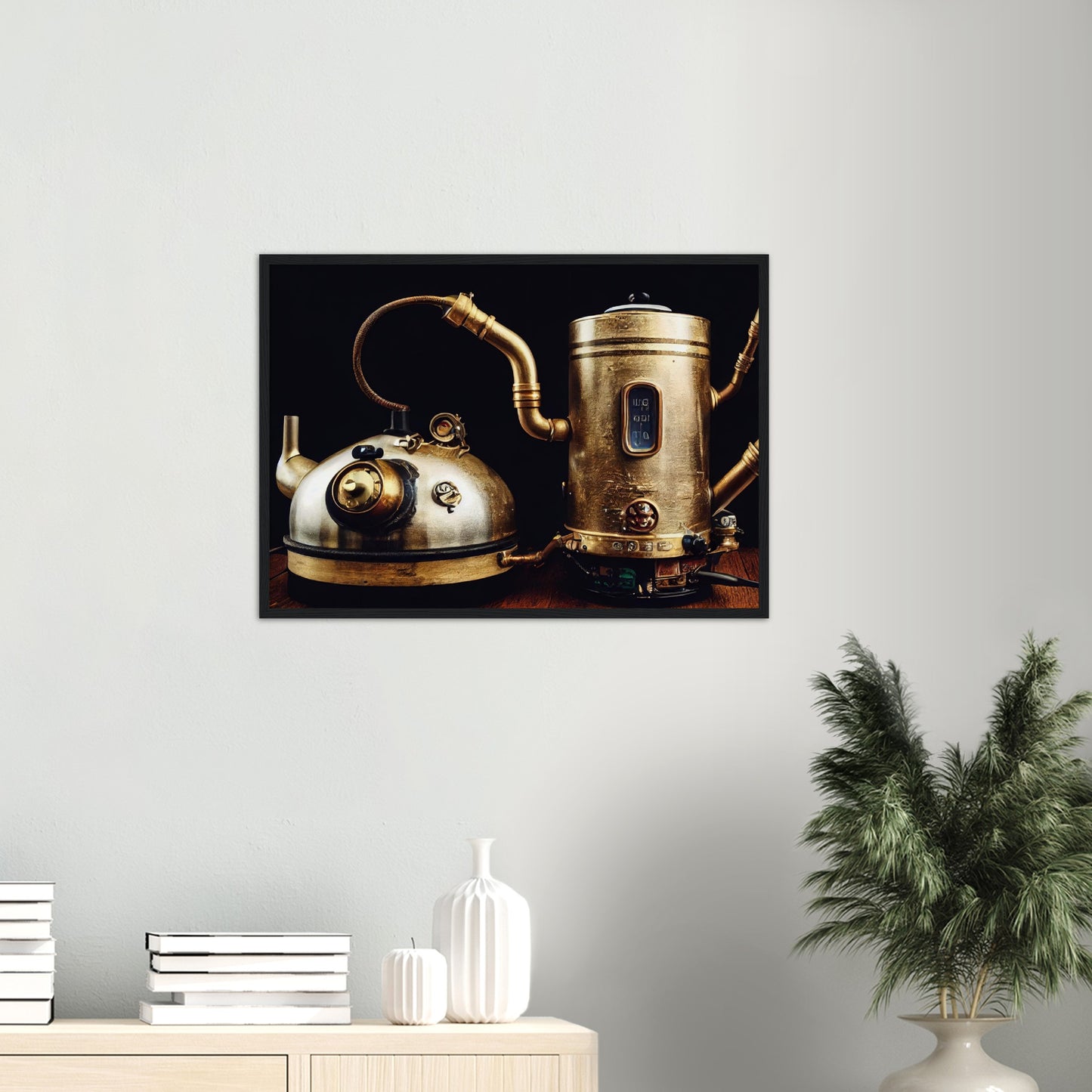 Poster mit Rahmen (Holz) in Museumsqualität - Steampunk - Coffee Maker - No.3 - Collection Cup - Pixelboys - Wandbild - Kunstwerk - Hotelkunst - Kunst auf Postern - Fine Art - Steampunk - Future - Maschine - Poster with frame - Office Poster - Art Brand - Pixelboys - Coffee House - Restaurant Poster - Wall Art - Kunstdruck - Geschenkidee - Kunst auf Acrylglas - Future Coffee Cup - Personalisierbare Tasse - Gastro Tasse - exklusiv - Gastronomie Poster - Hotelposter - Steam Punk Kitchen - 