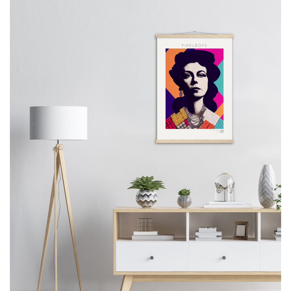  Poster mit Leisten (Holz) - in Museumsqualität - The Queen No.3 - HRH in cubes - Kunstdruck - 250g/qm - Queen Elisabeth II - Monarch - HRH - His/Her Royal Highness - Groß Britannien - Commonwealth - The Royal Family - Wandbild - Kubismus - synthetischen Kubismus - Georges Braque - Künstler: "John Grayst" - Atelier - UK - GB - London - 