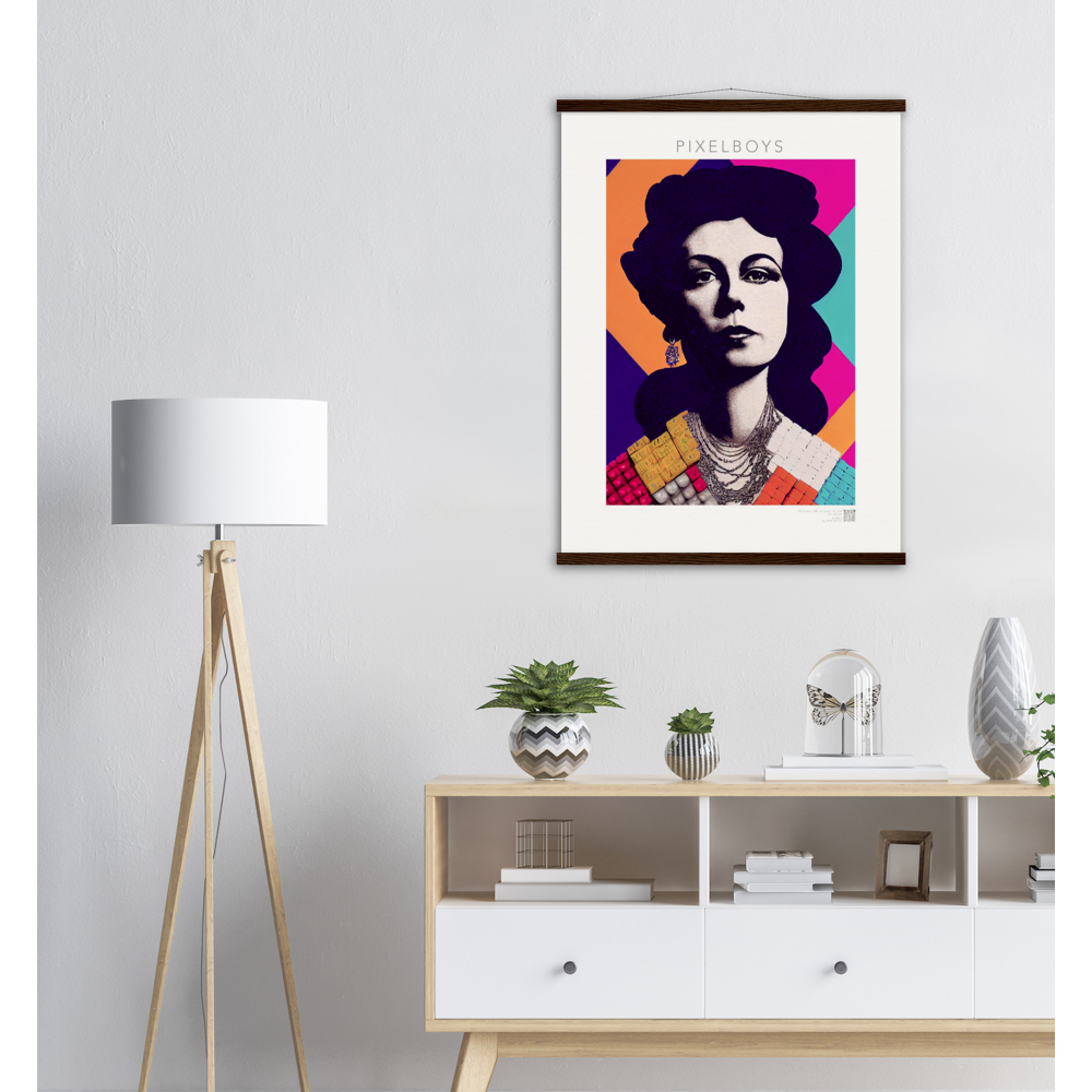  Poster mit Leisten (Holz) - in Museumsqualität - The Queen No.3 - HRH in cubes - Kunstdruck - 250g/qm - Queen Elisabeth II - Monarch - HRH - His/Her Royal Highness - Groß Britannien - Commonwealth - The Royal Family - Wandbild - Kubismus - synthetischen Kubismus - Georges Braque - Künstler: "John Grayst" - Atelier - UK - GB - London - 