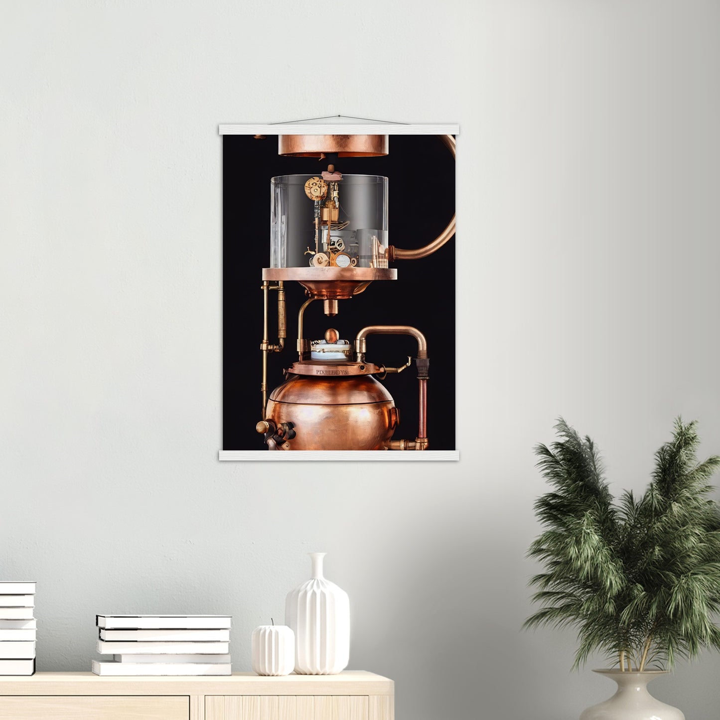 Poster mit Leisten (Holz) - Steampunk - Coffee Maker - No.6 - Collection Cup - Pixelboys - Wandbild - Kunstwerk - Hotelkunst - Kunst auf Postern - Fine Art - Steampunk - Future - Maschine - Poster with frame - Office Poster - Art Brand - Pixelboys - Coffee House - Restaurant Poster - Wall Art - Kunstdruck - Geschenkidee - Kunst auf Acrylglas - Future Coffee Cup - Personalisierbare Tasse - Gastro Tasse - exklusiv - Acryldruck - Gastronomie Poster - Hotelposter - Teestube - Steam Punk Kitchen -   